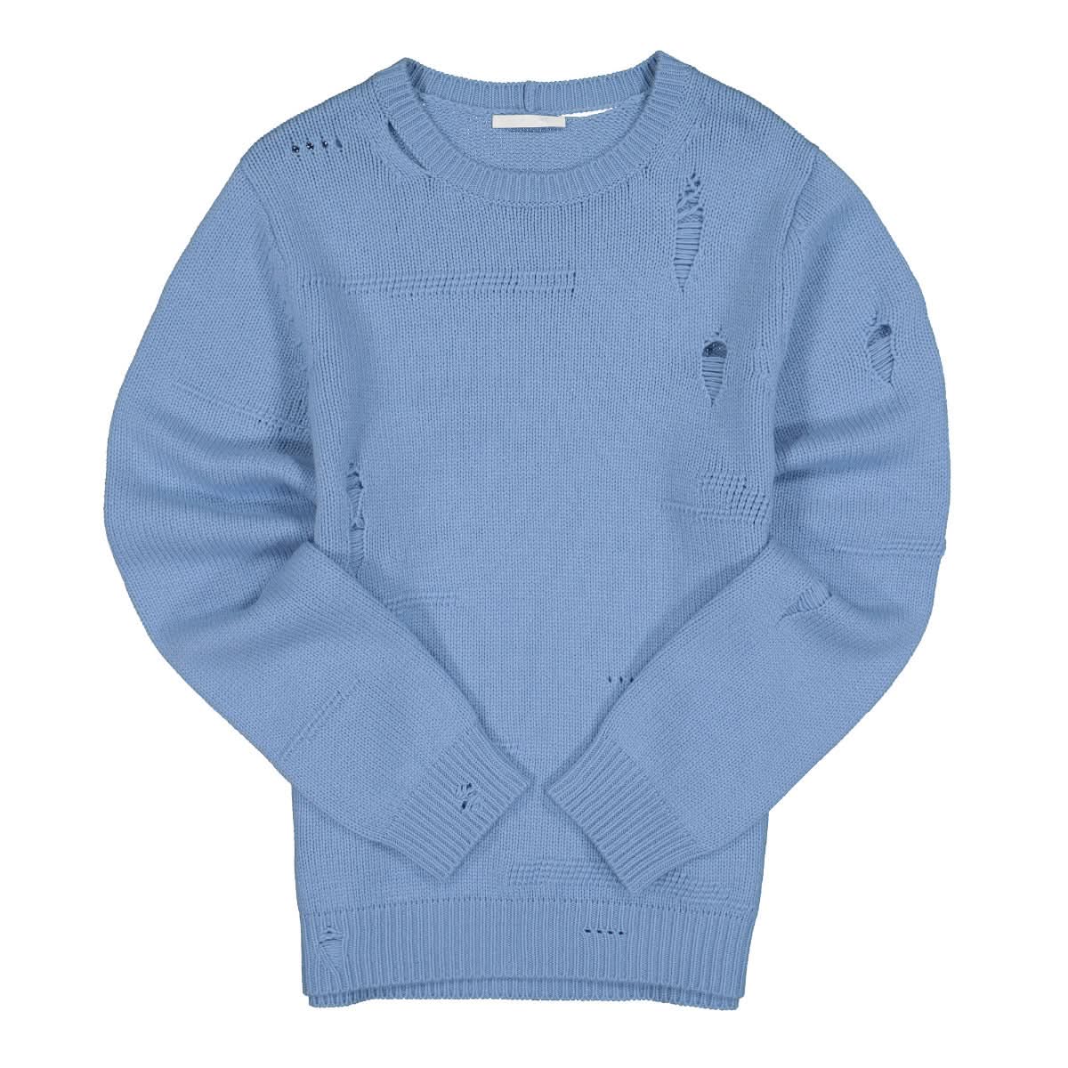 Helmut Lang Distressed Knitted Crew Sweater Blue Detail view 1 | Gate