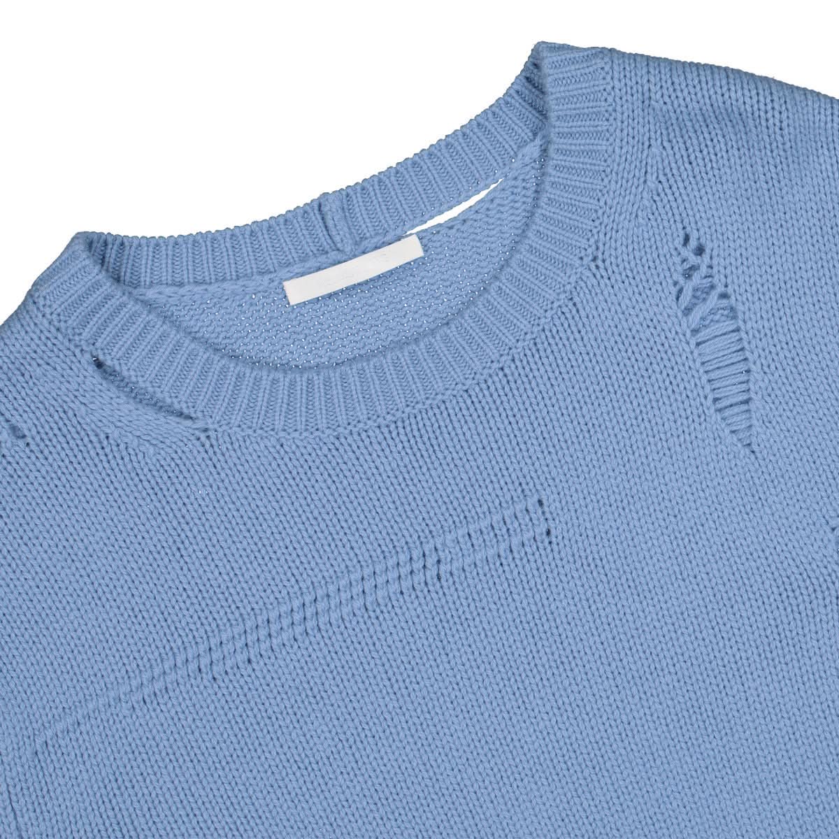 Helmut Lang Distressed Knitted Crew Sweater Blue Detail view 3 | Gate