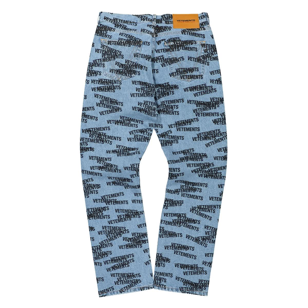 VETEMENTS Stamped Logo Straight Leg Denim Jeans Blue Detail view 3 | Gate