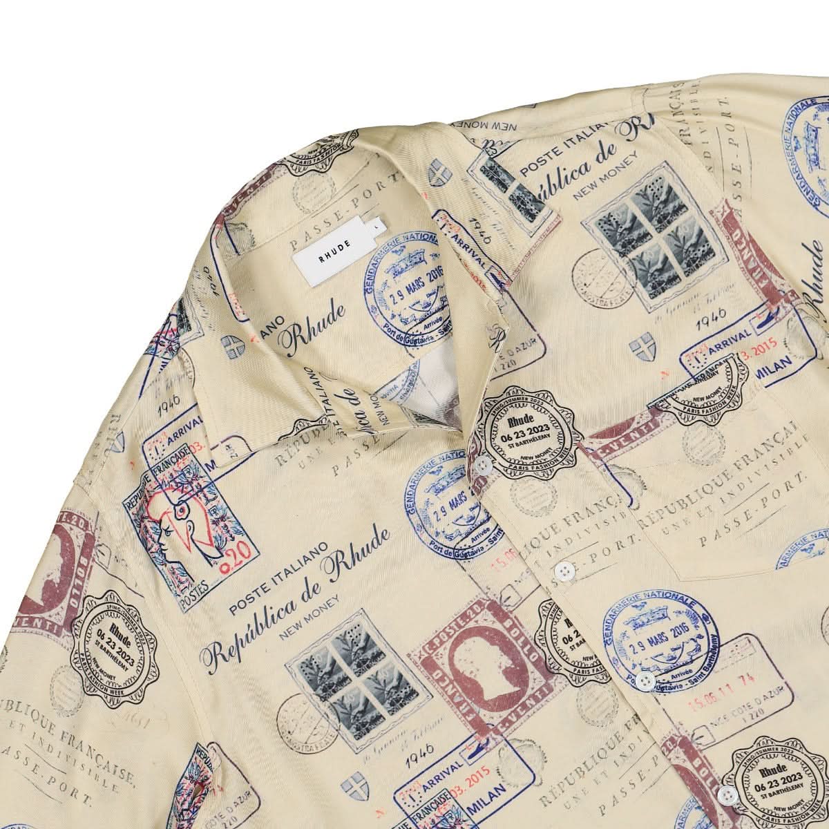 Rhude Passport Stamp Print Shirt Beige,Multicolor Detail view 4 | Gate