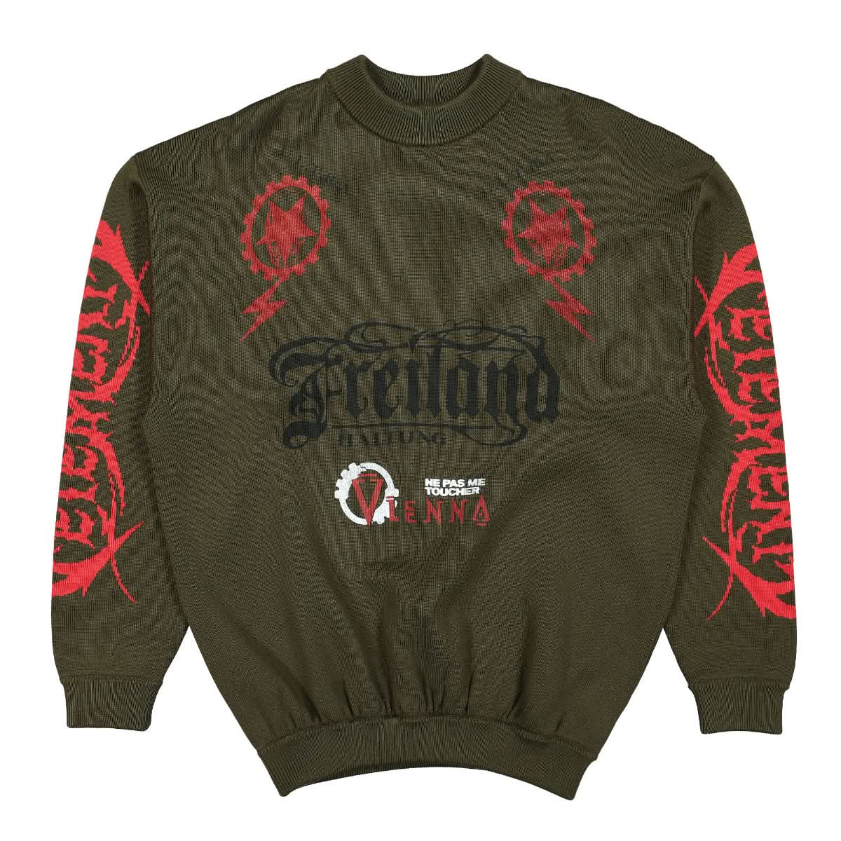 VETEMENTS Maybe Mental Knitted Jumper Olive Detail view 1 | Gate