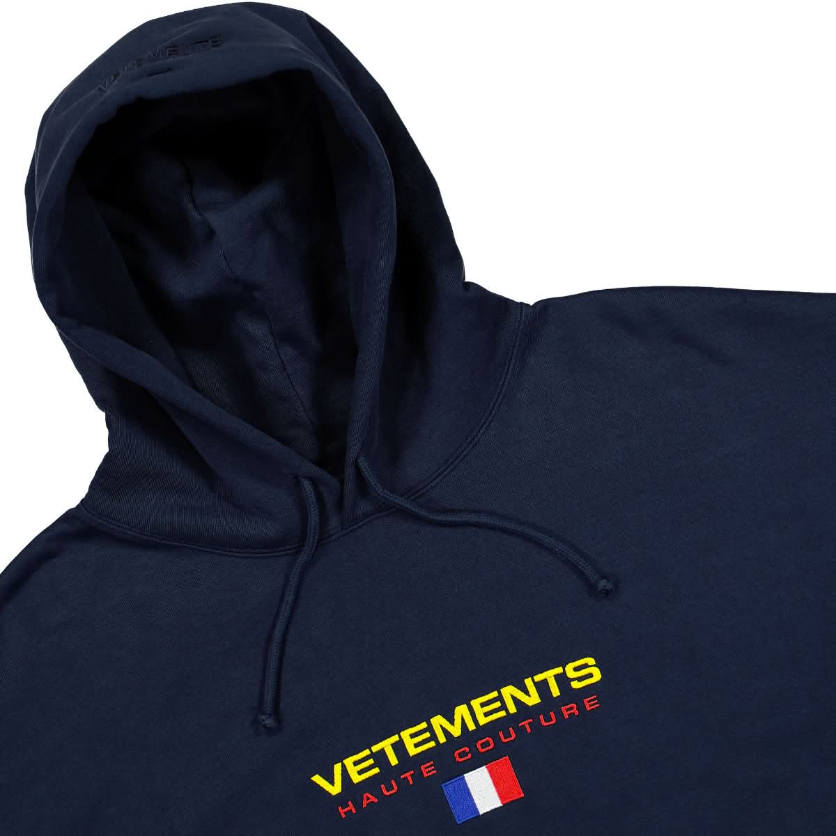 VETEMENTS Haute Couture Logo Hoodie Blue Detail view 3 | Gate
