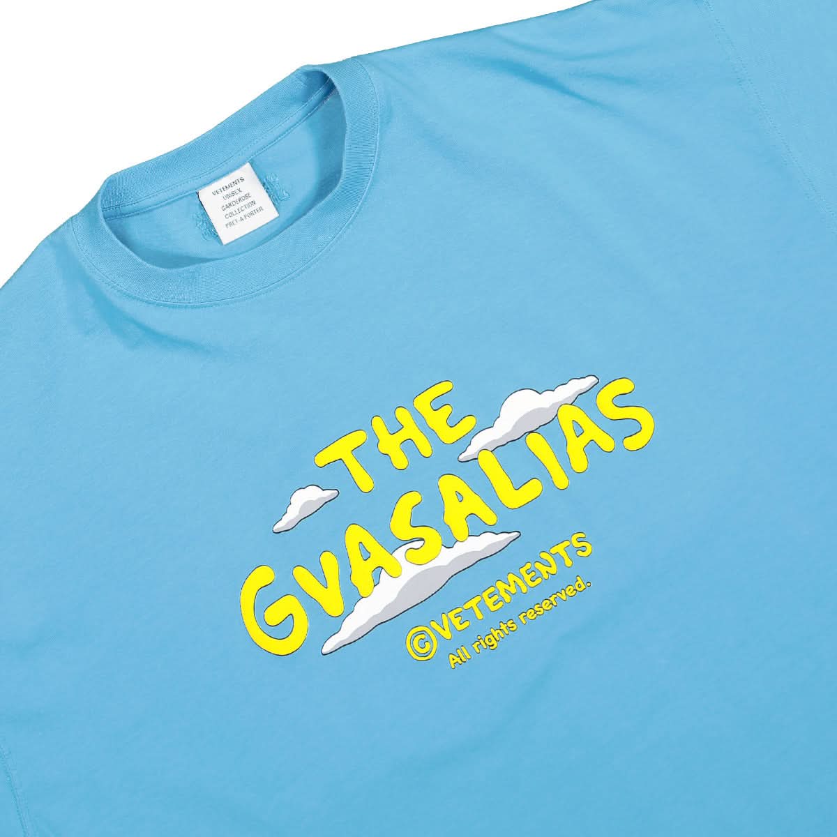 VETEMENTS The Gvasalias Cartoon Logo T-Shirt Blue Detail view 3 | Gate