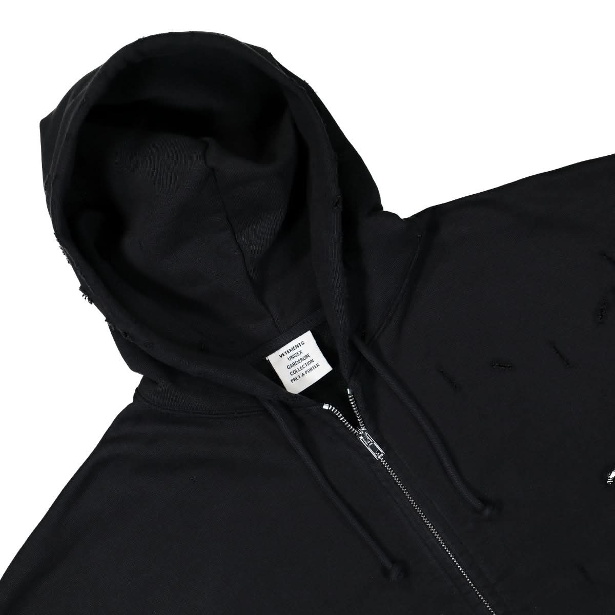 VETEMENTS Destroyed Zip-Up Hoodie Black Detail view 3 | Gate