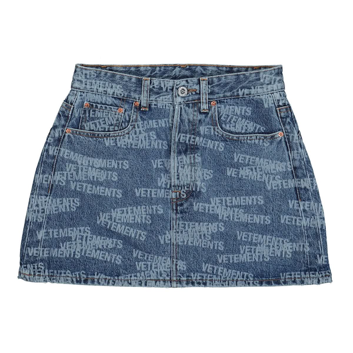 VETEMENTS Stamped Logo Cut-Up Denim Mini Skirt Blue Detail view 1 | Gate