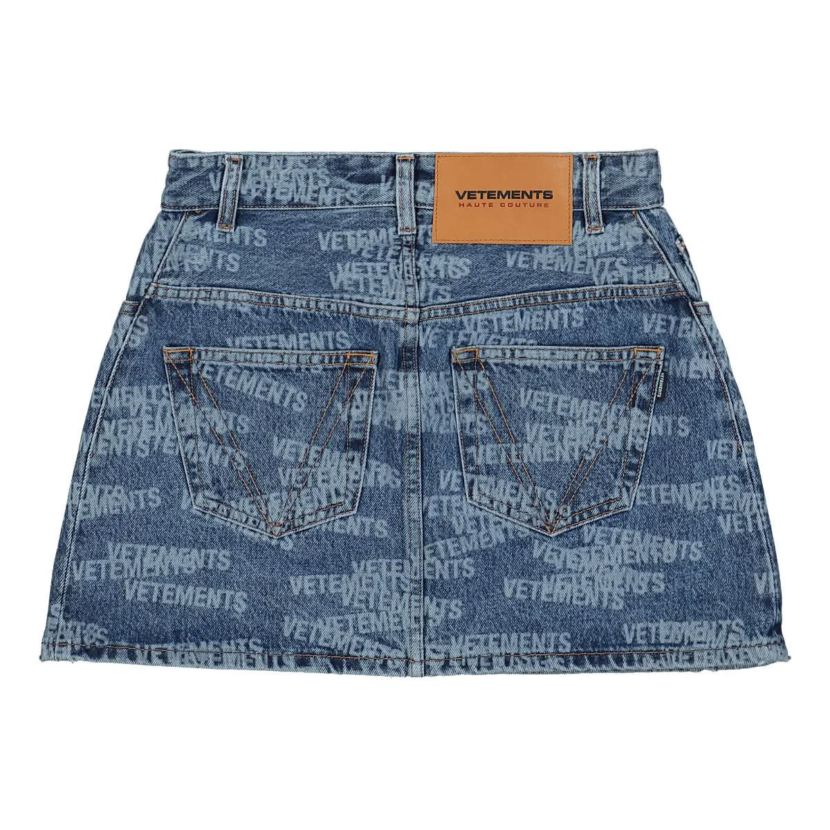 VETEMENTS Stamped Logo Cut-Up Denim Mini Skirt Blue Detail view 2 | Gate