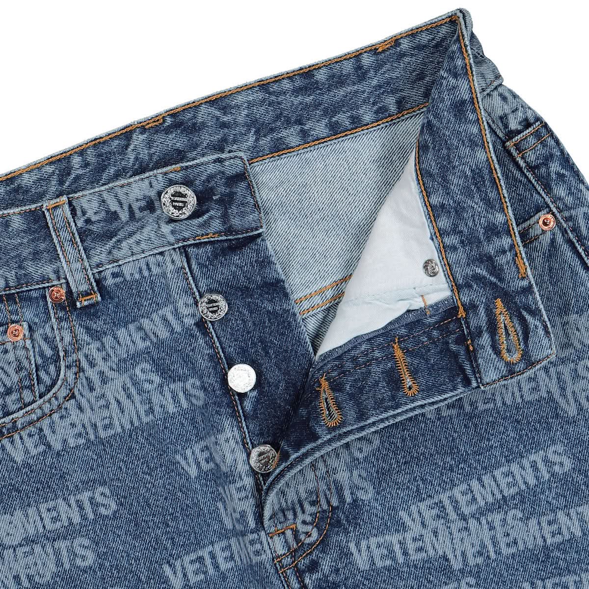 VETEMENTS Stamped Logo Cut-Up Denim Mini Skirt Blue Detail view 3 | Gate