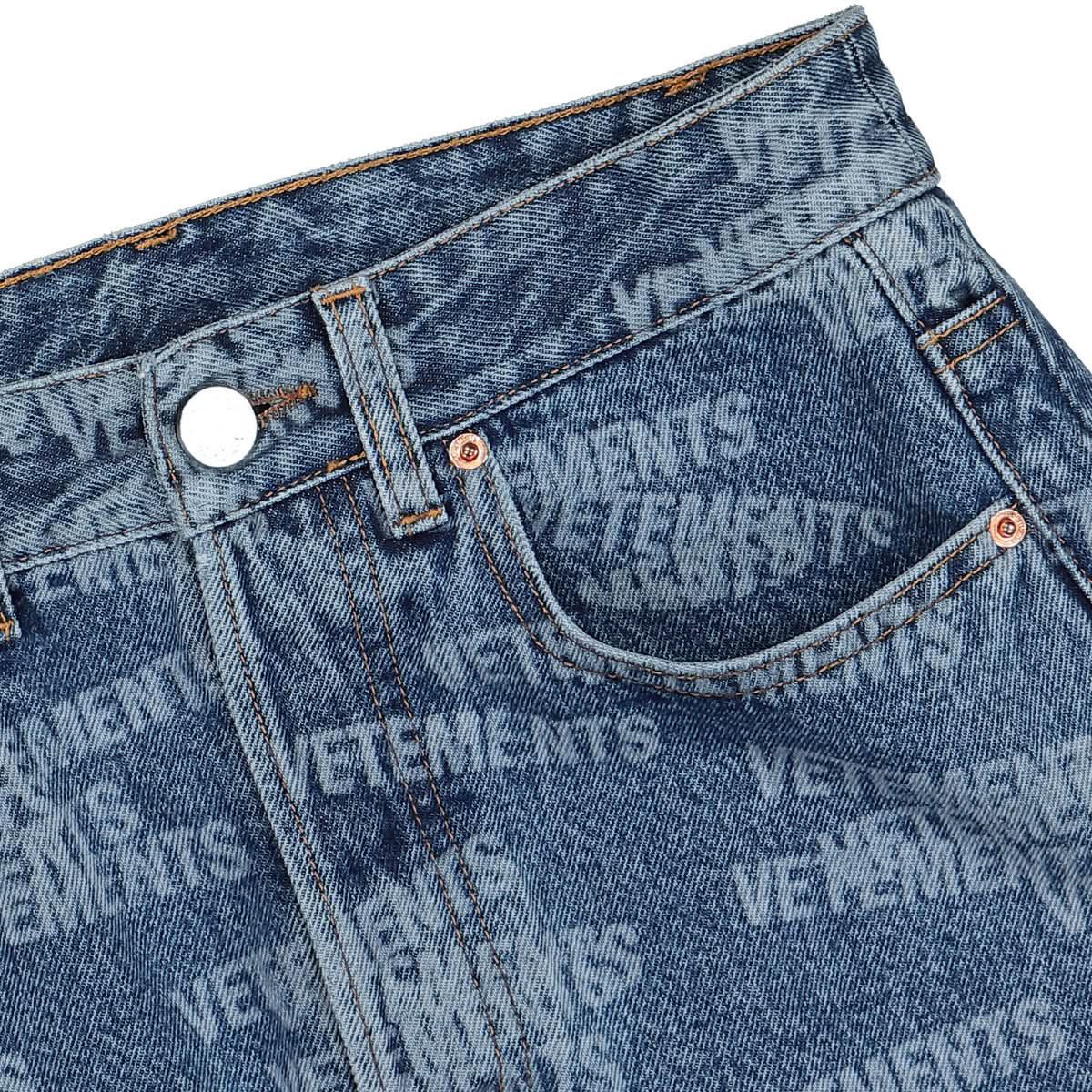 VETEMENTS Stamped Logo Cut-Up Denim Mini Skirt Blue Detail view 4 | Gate