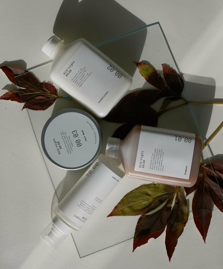 mid/night 00.00 skincare brand products displayed