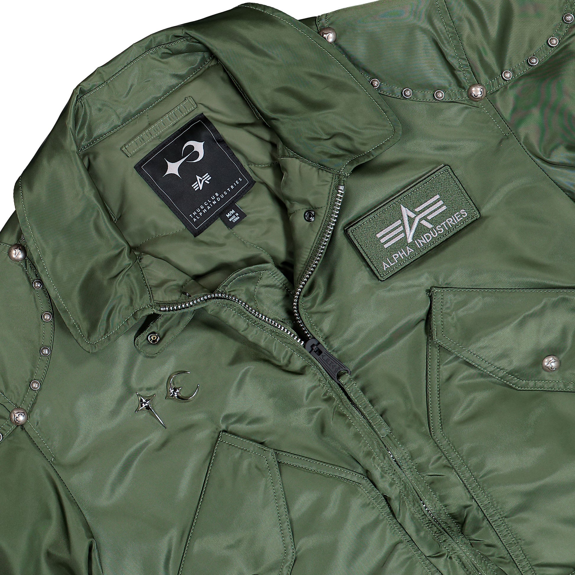 Thug Club x Alpha Industries CWU-45P Rivet Edition Sage Green Bomber & Varsity Jackets 258150-01 Detail View 4 | GATE
