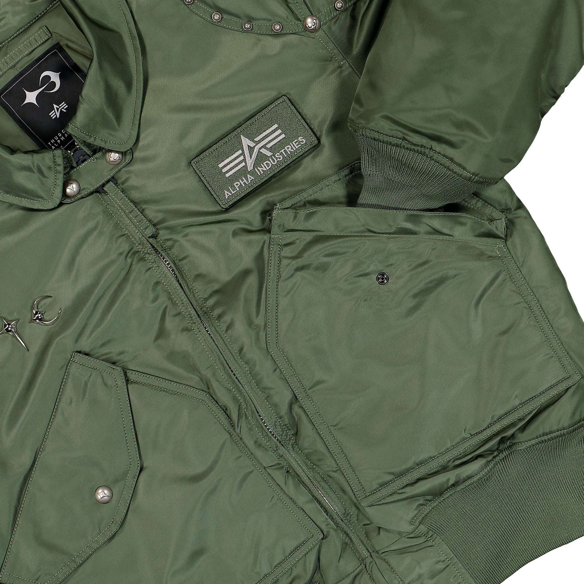Thug Club x Alpha Industries CWU-45P Rivet Edition Sage Green Bomber & Varsity Jackets 258150-01 Detail View 5 | GATE
