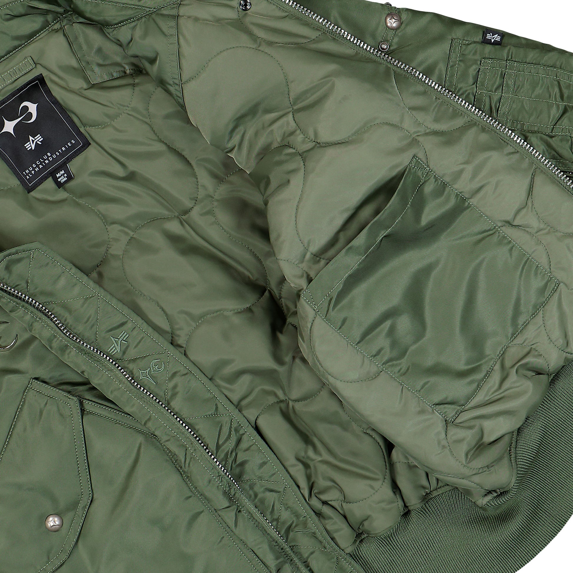 Thug Club x Alpha Industries CWU-45P Rivet Edition Sage Green Bomber & Varsity Jackets 258150-01 Detail View 6 | GATE
