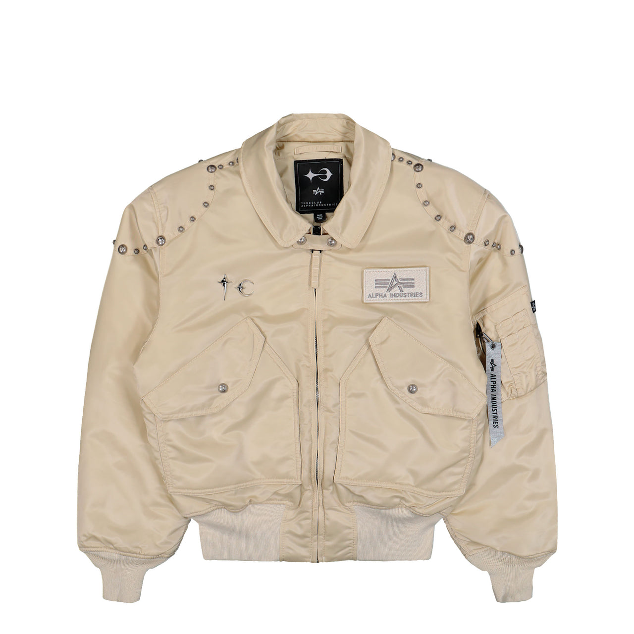 Thug Club x Alpha Industries CWU-45P Rivet Edition Vintage White Bomber & Varsity Jackets 258150-300 Detail View 1 | GATE
