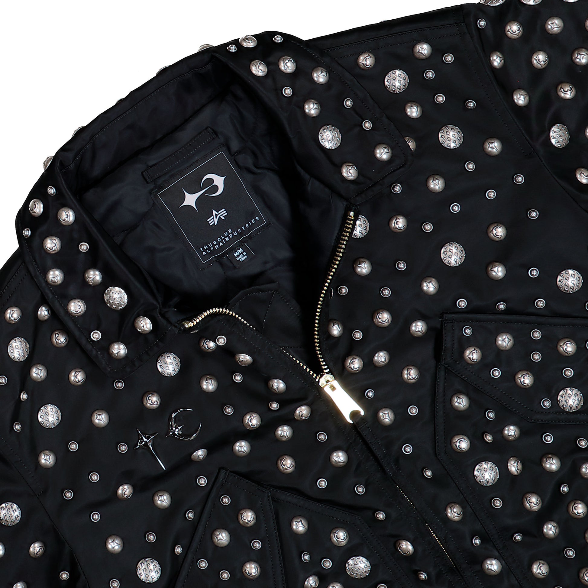 Thug Club x Alpha Industries CWU-45P All Over Rivet Edition Black Bomber & Varsity Jackets 258151-03 Detail View 3 | GATE
