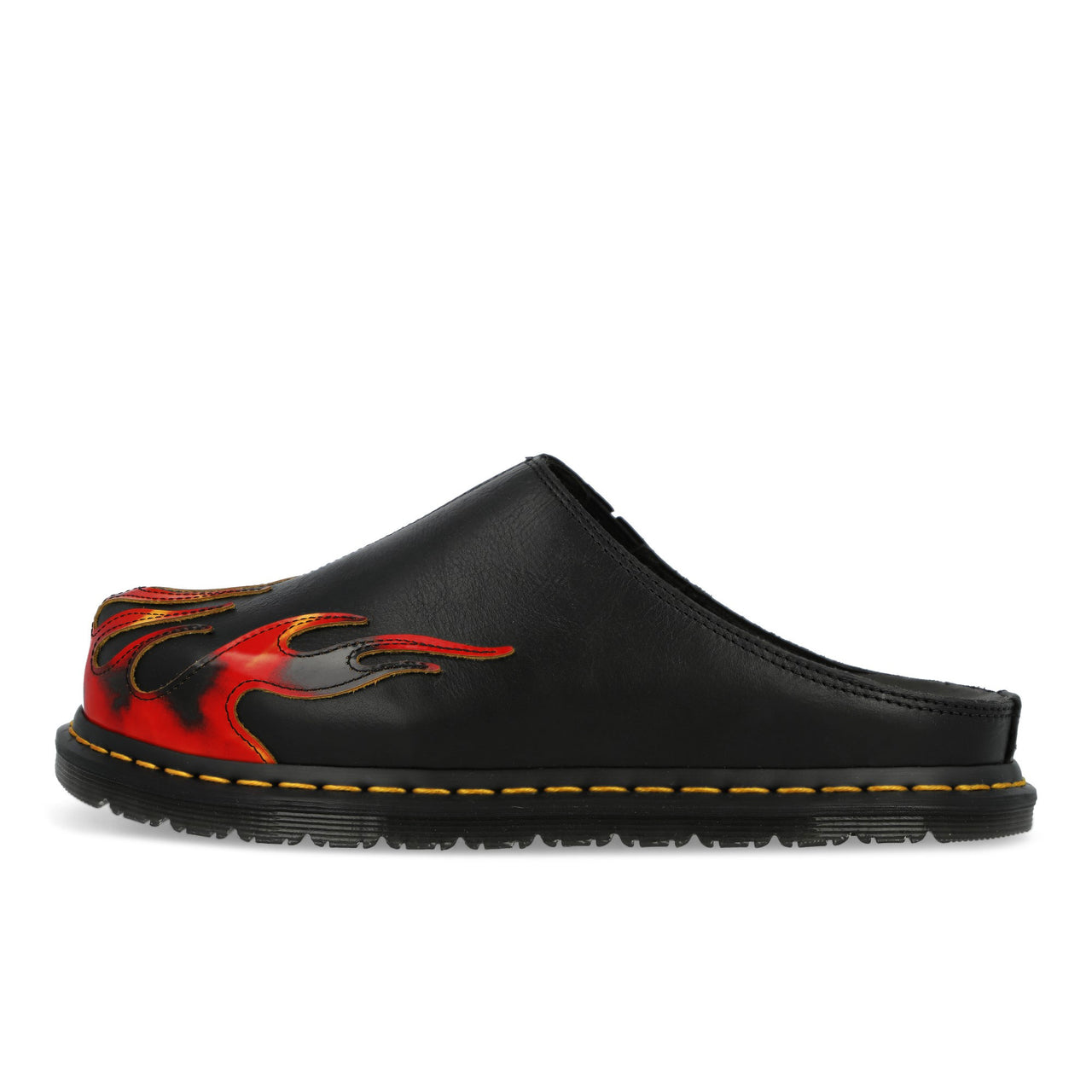 Dr. Martens San Mule Flame Black / Vibrant Red / DMS Yellow Slides 41605001 Detail View 1 | GATE
