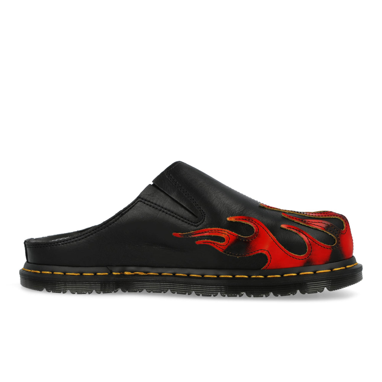 Dr. Martens San Mule Flame Black / Vibrant Red / DMS Yellow Slides 41605001 Detail View 1 | GATE
