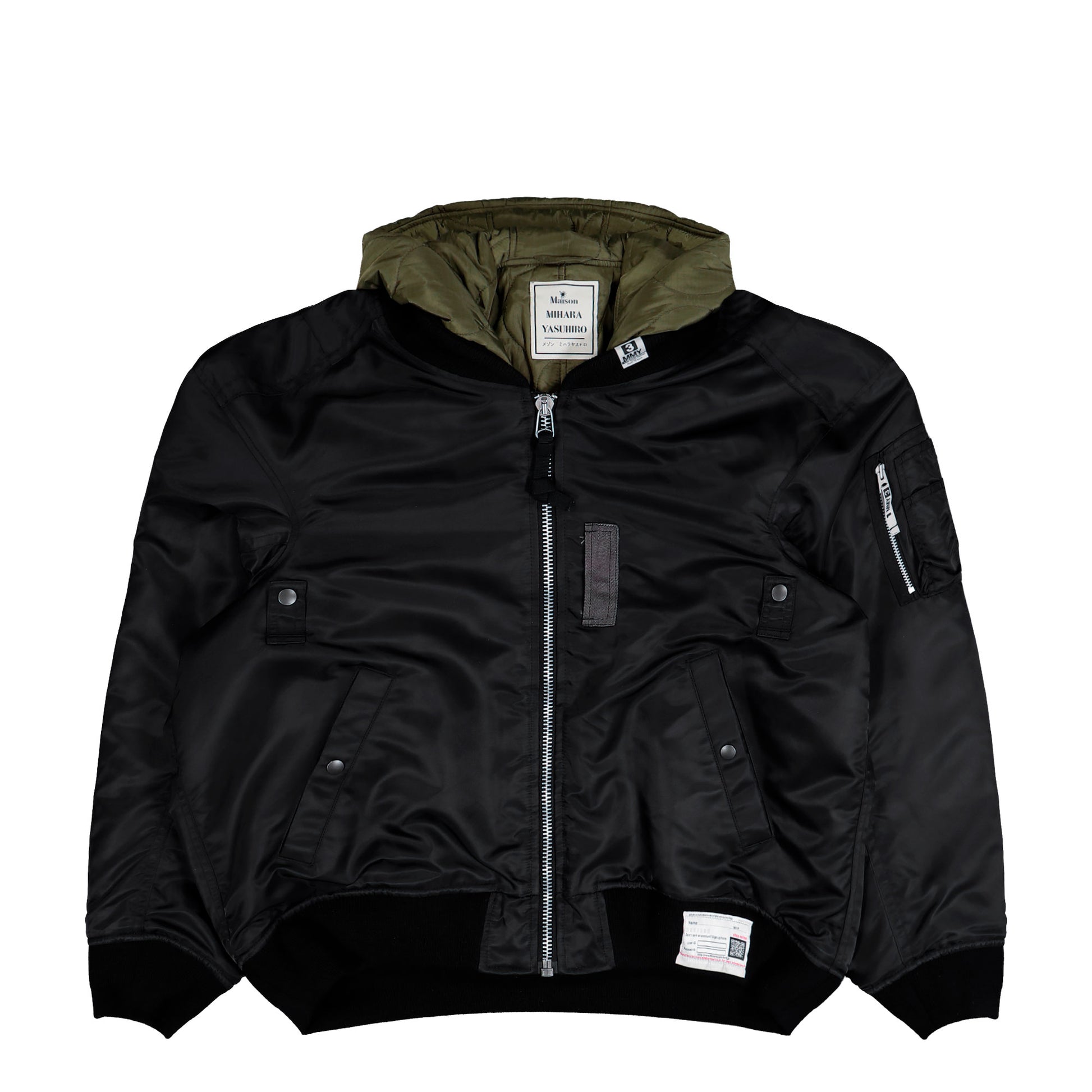 Maison Mihara Yasuhiro Extended Placket Hood Flight Jacket Black Jackets A15BL062  Detail View 1 | GATE
