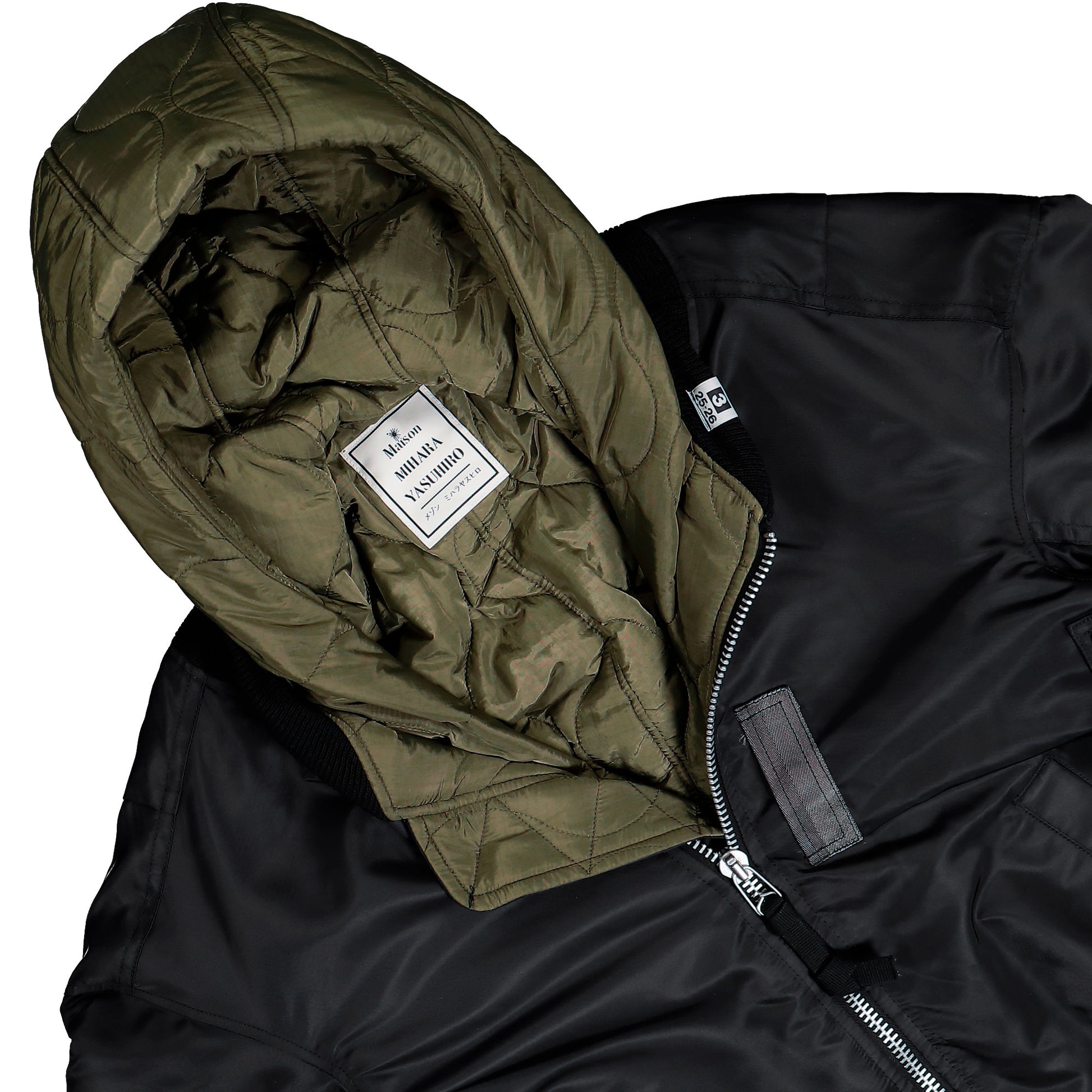 Maison Mihara Yasuhiro Extended Placket Hood Flight Jacket Black Jackets A15BL062  Detail View 3 | GATE
