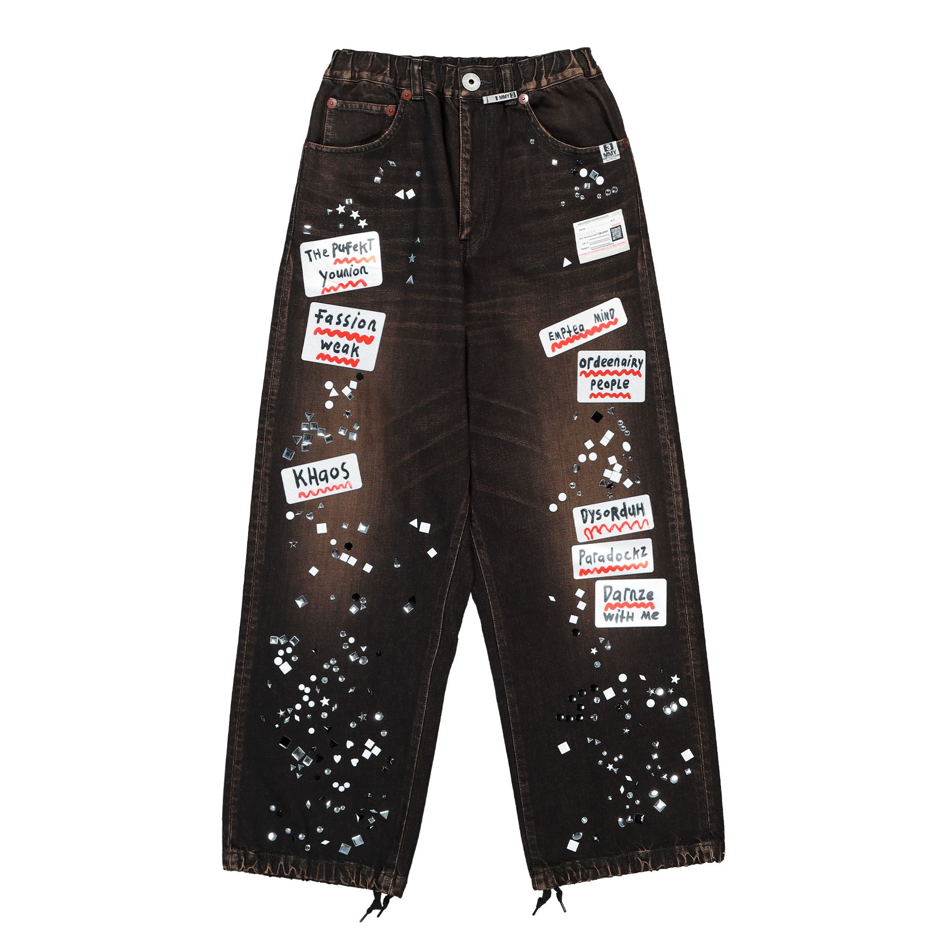 Maison Mihara Yasuhiro Denim Jeans With Sticker Black Denim A16PT025 Detail View 1 | GATE

