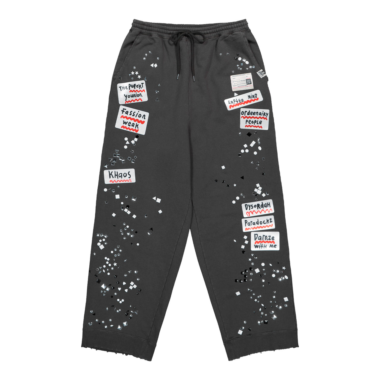 Maison Mihara Yasuhiro Embellished Sticker Pant Black sweat & Track Pants A16PT552 Detail View 1 | GATE
