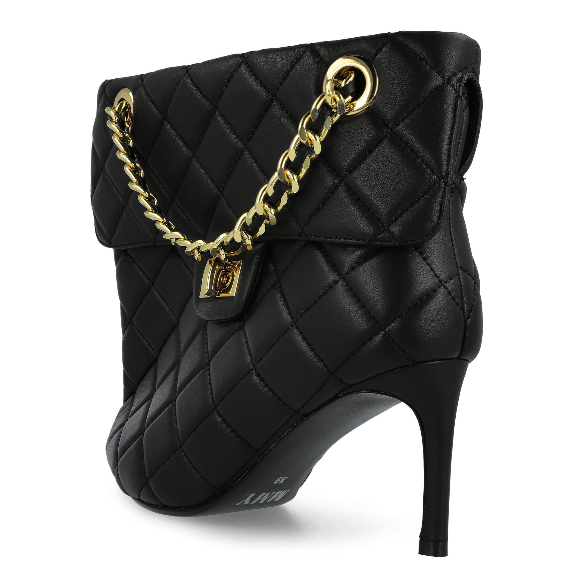 Maison Mihara Yasuhiro Quilted Bag Detail Pin Heel Short Boots Black Heels B15FW716  Detail View 3 | GATE
