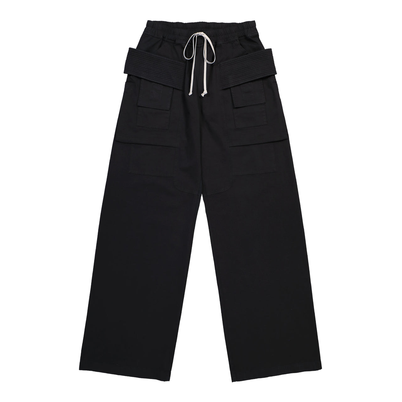 Rick Owens DRKSHDW Creatch Wide Cargo Drawstring Black Cargo Pants DU02E7394 TW 09 Detail View 1 | GATE