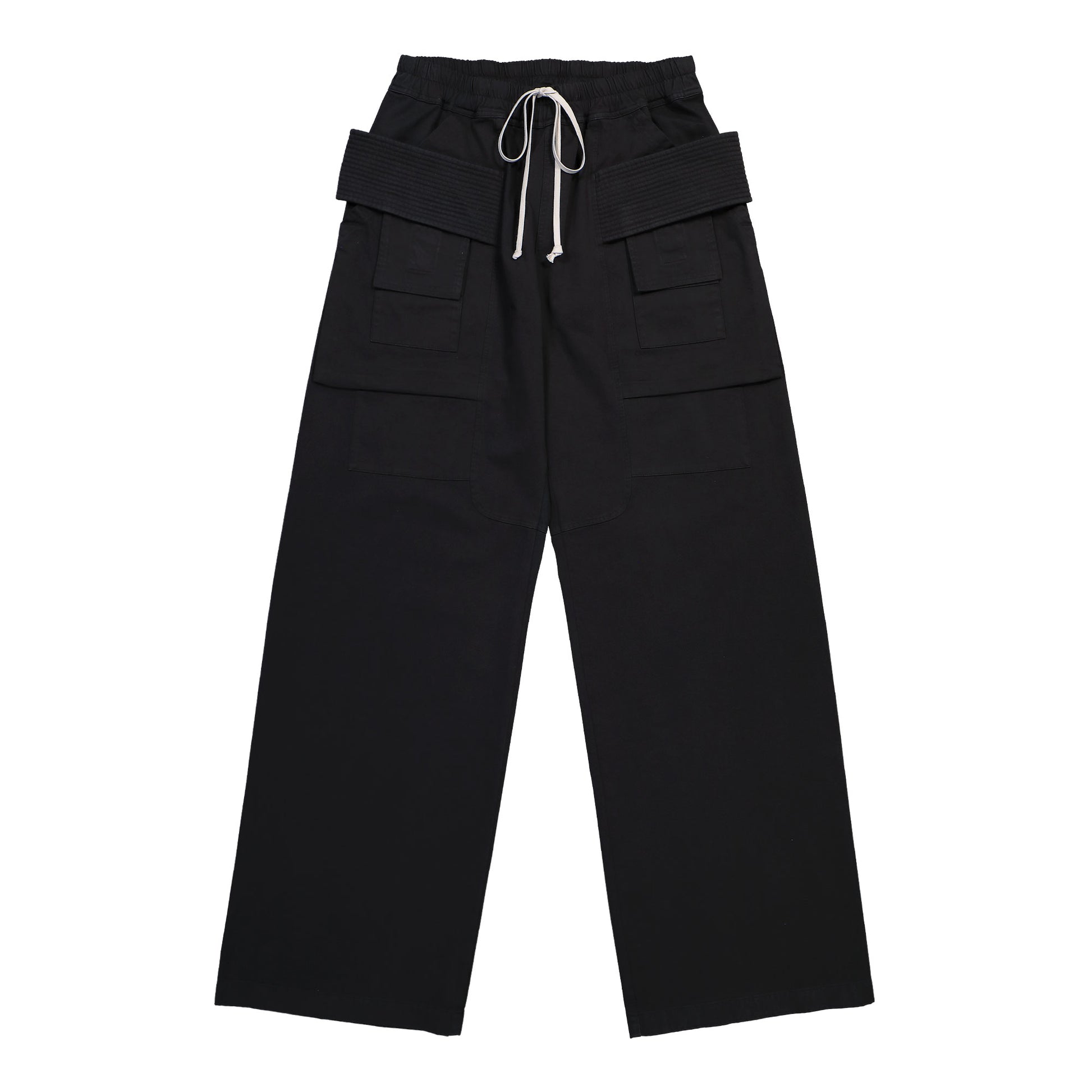 Rick Owens DRKSHDW Creatch Wide Cargo Drawstring Black Cargo Pants DU02E7394 TW 09 Detail View 1 | GATE