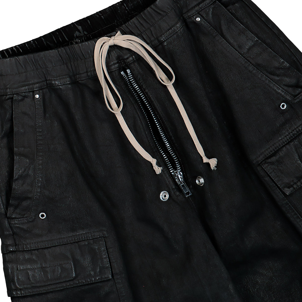 Rick Owens DRKSHDW Double Cargo Jumbo Belas Black Wax Pants DU02F6398 BW 99X Detail View 4 | GATE