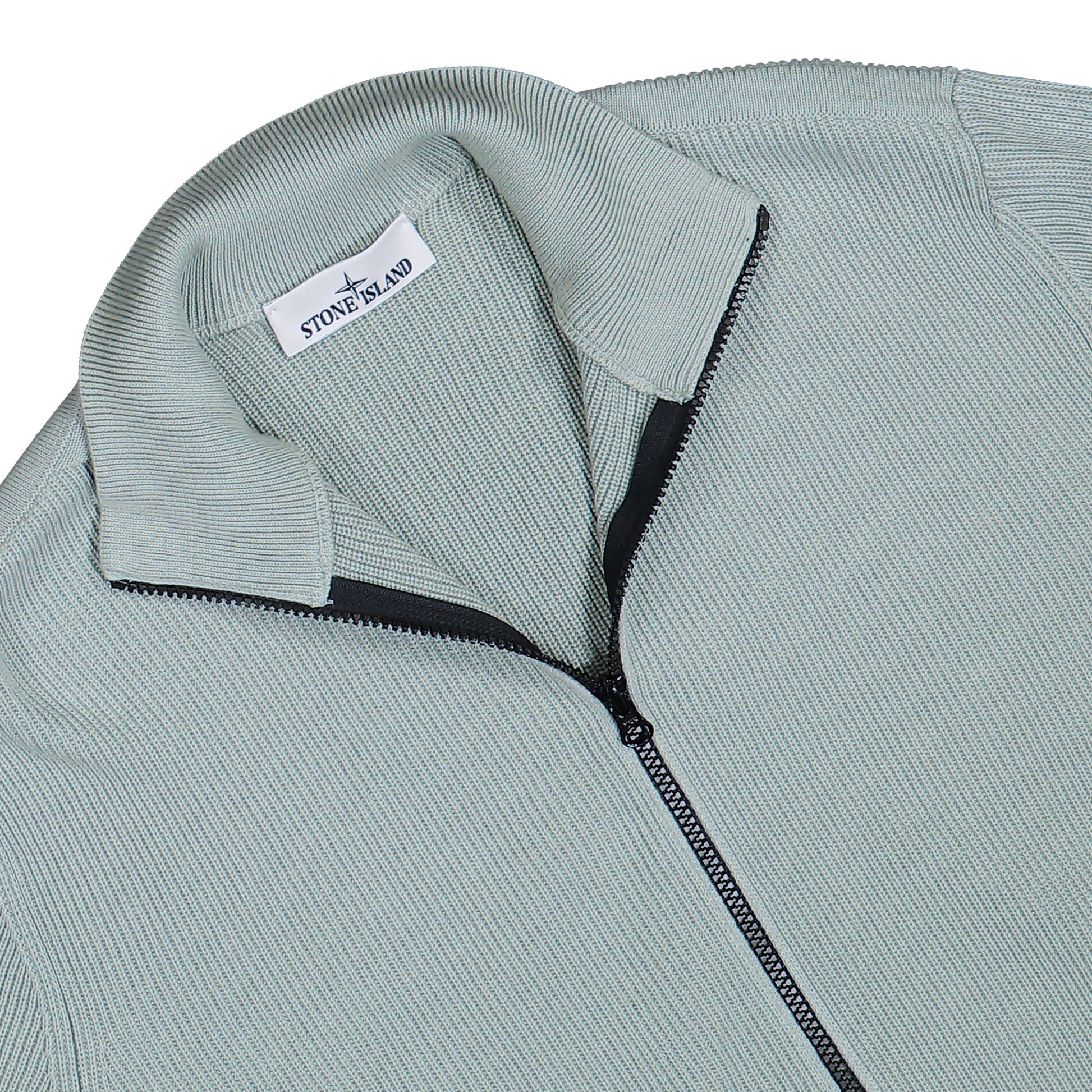 Stone Island Ribbed Soft Organic Cotton Zip Up Cardigan Sage  Cardigans L1S155100126-S00D8 V0055 Detail View 3 | GATE
