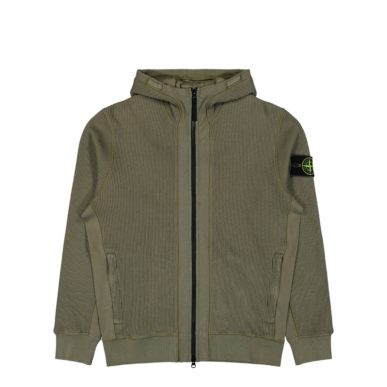 Stone Island Organic Cotton Waffle Fleece Zip Up Hoodie Sweater Military Green Tracksuit Tops L1S15 6100058-S0044 V005G Detail View 1 | GATE