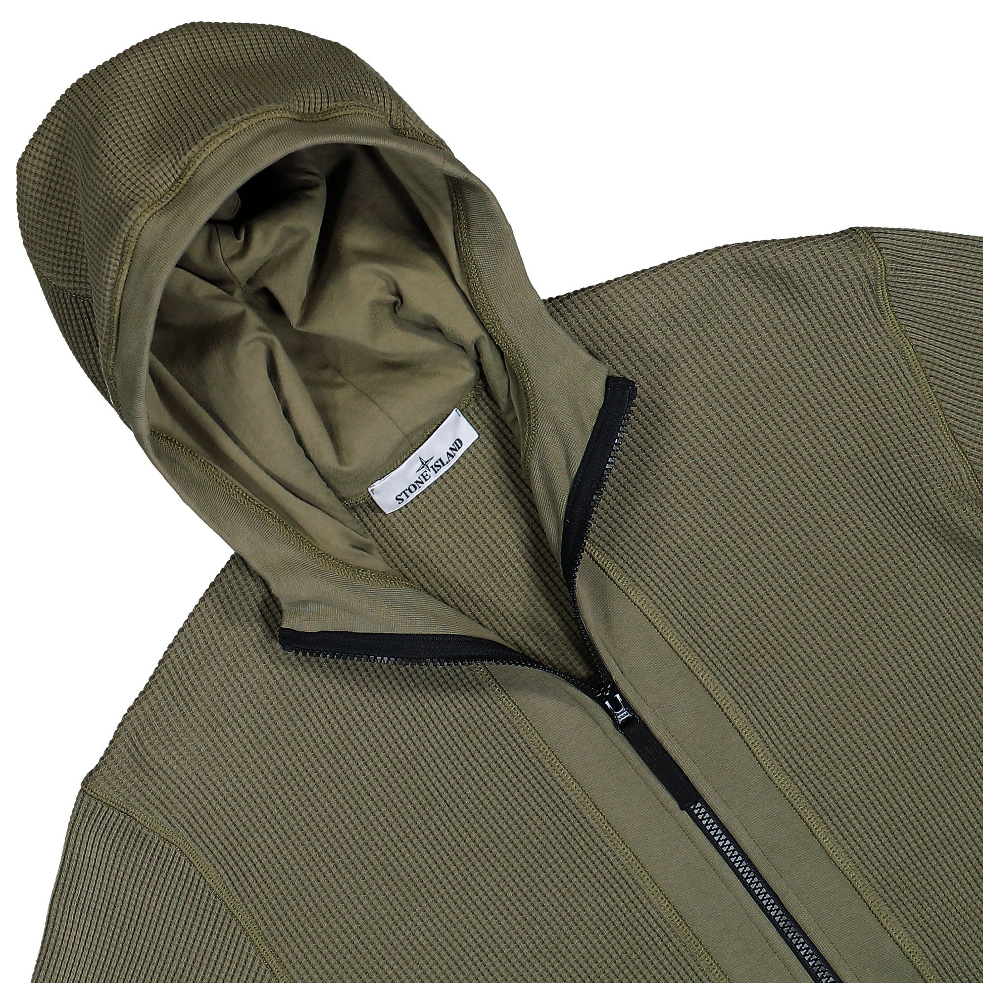 Stone Island Organic Cotton Waffle Fleece Zip Up Hoodie Sweater Military Green Tracksuit Tops L1S15 6100058-S0044 V005G Detail View 3 | GATE