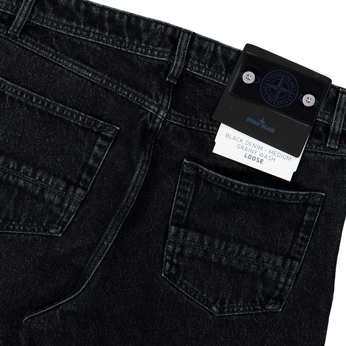 Stone Island Loose-Fit Grainy Wash Black Denim Trousers Black Medium Wash Denim L2S14J100006-S0J32 VJ902 Detail View 5 | GATE