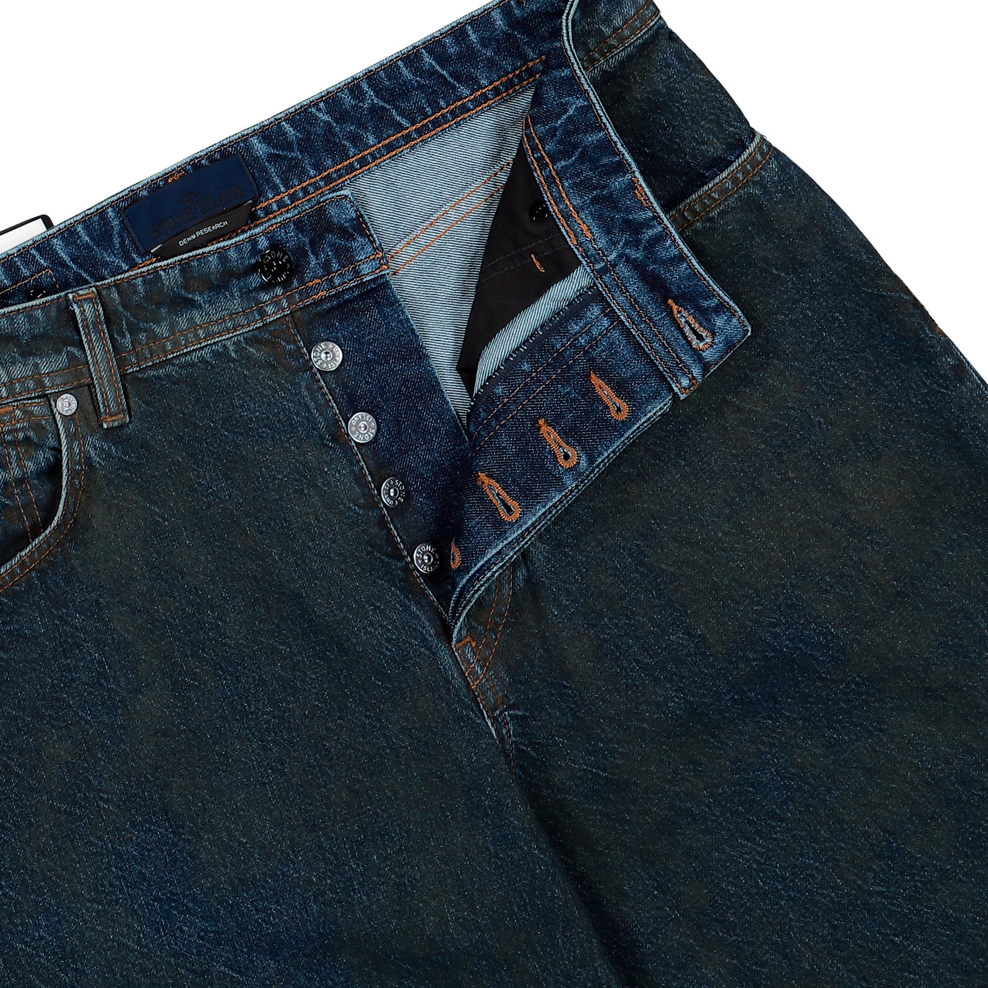 Stone Island Loose-Fit Laser Pigment Indigo Denim Trousers Blue Black Denim L2S14J100006-S0J40 VJ229 Detail View 4 | GATE