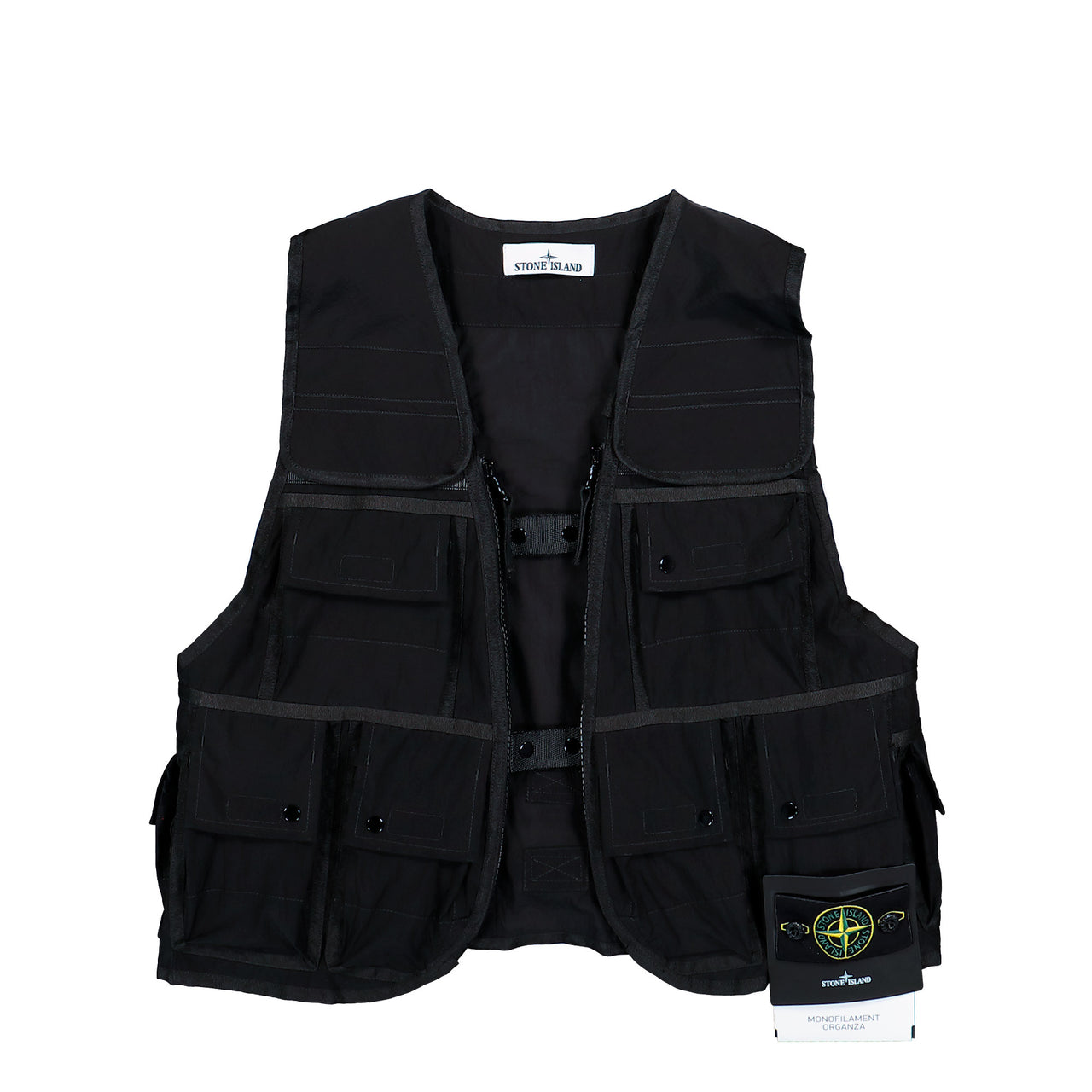 Stone Island Monofilament Organza Utility Vest With Pockets And Adjustable Belts Black Vests L2S15G100016-S0424 V0029 Detail View 1 | GATE