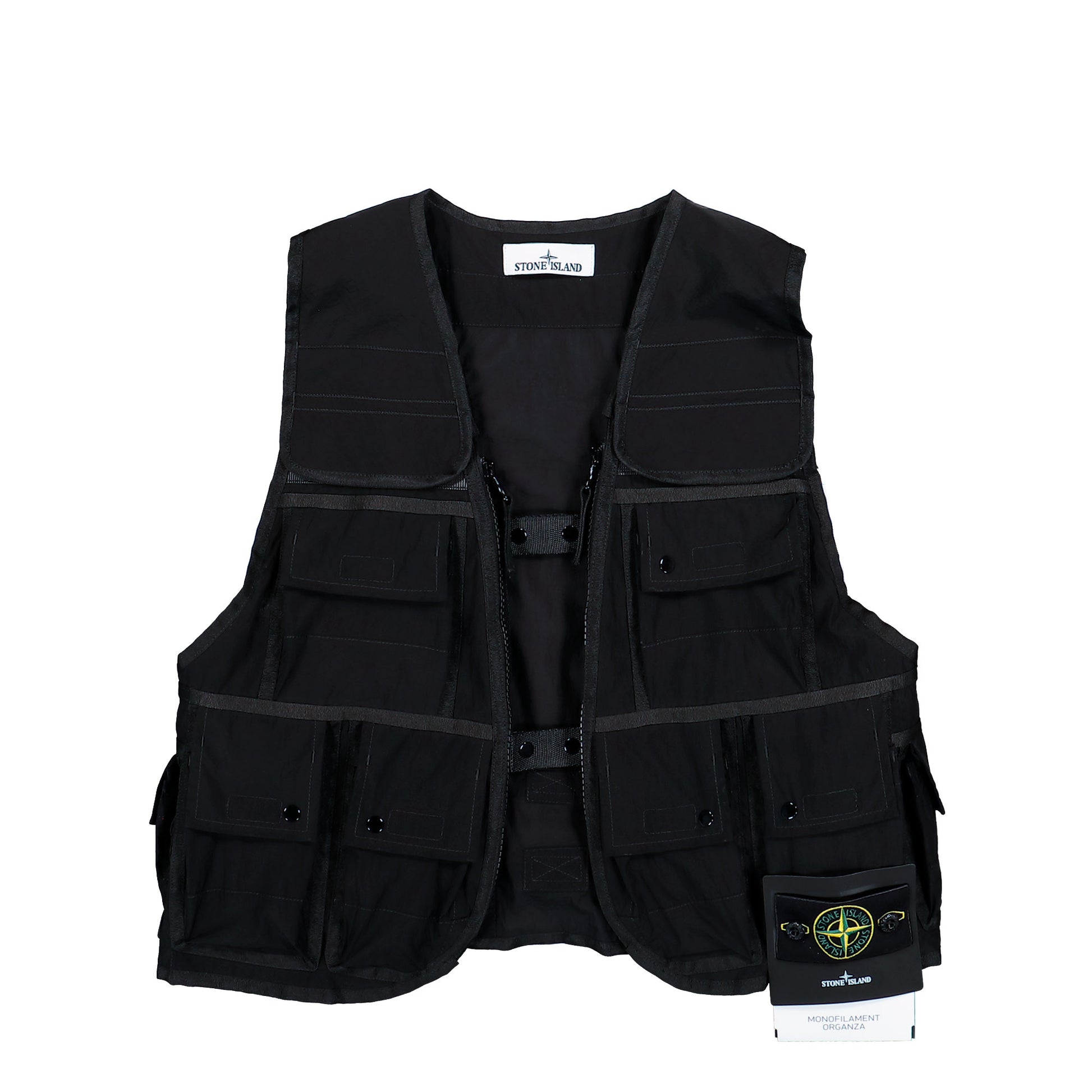 Stone Island Monofilament Organza Utility Vest With Pockets And Adjustable Belts Black Vests L2S15G100016-S0424 V0029 Detail View 1 | GATE