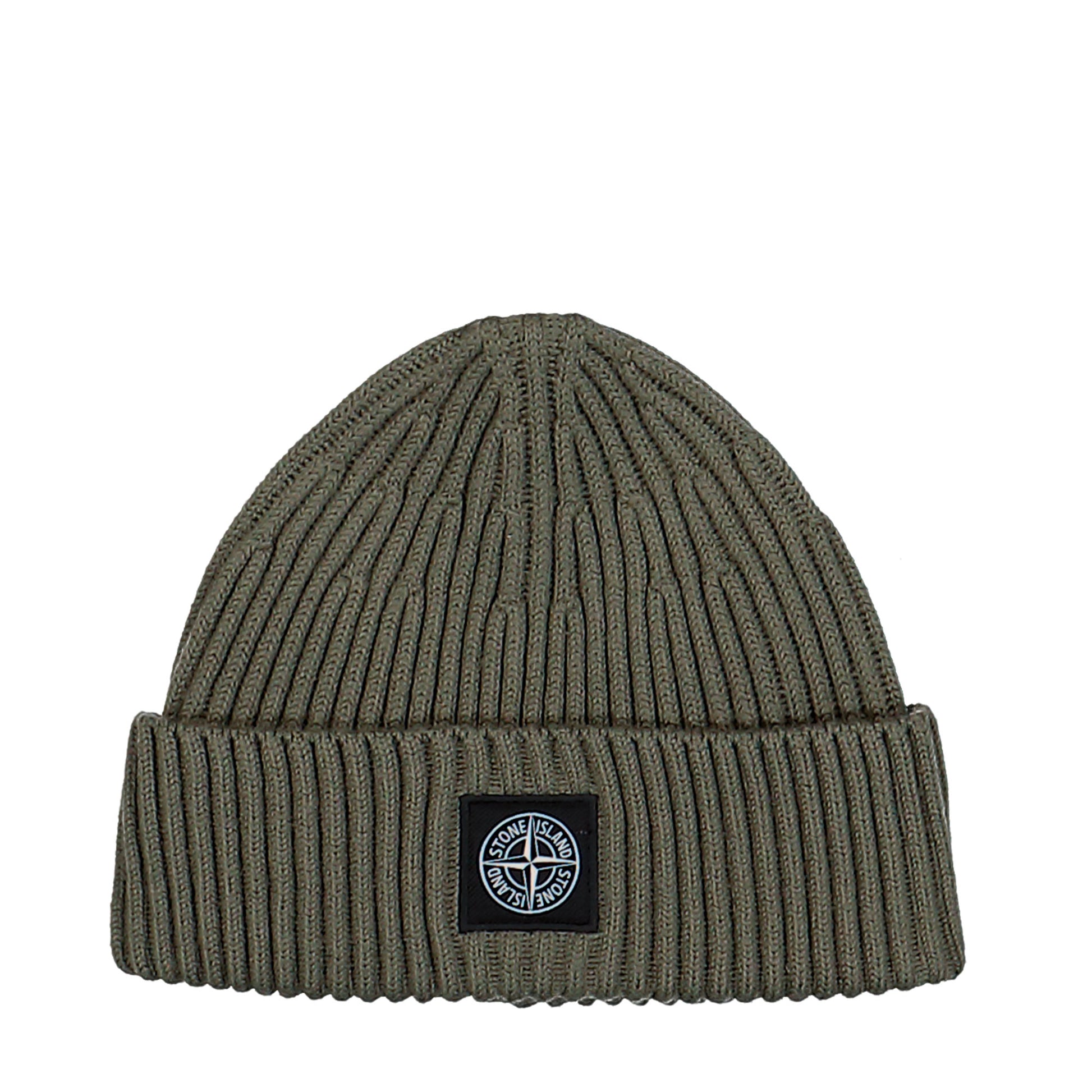 Stone Island Ribbed Knit Beanie With Compass Logo Patch Military Green Beanies L2S15N100002-S00C3 V005G Detail View 1 | GATE