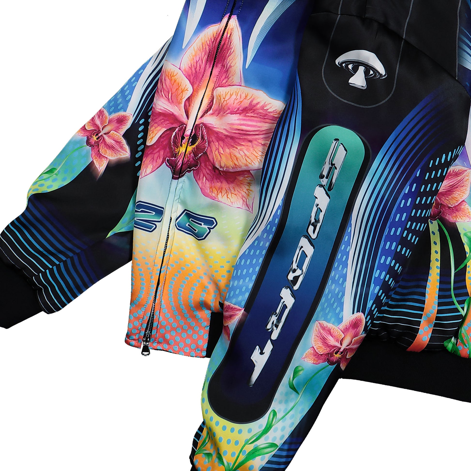 Casablanca Orchid Racer Printed Bomber Jacket Black / Multicolor Jackets M-SP26-JK-448-01 Detail View 5 | GATE