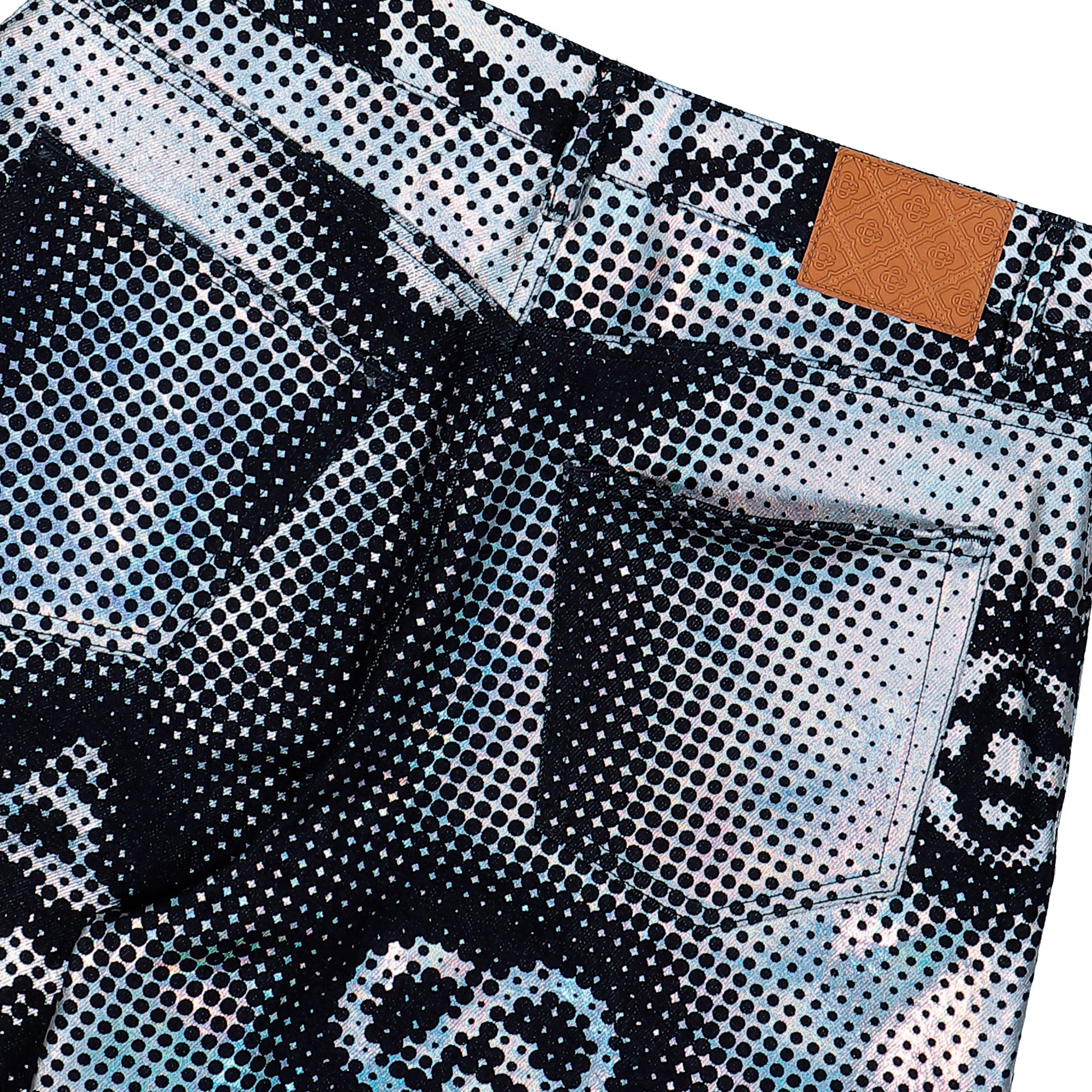 Casablanca Pearlescent Monogram Denim Shorts  Indigo Monogram Shorts M-SS26-TR-425-01 Detail View 5 | GATE
