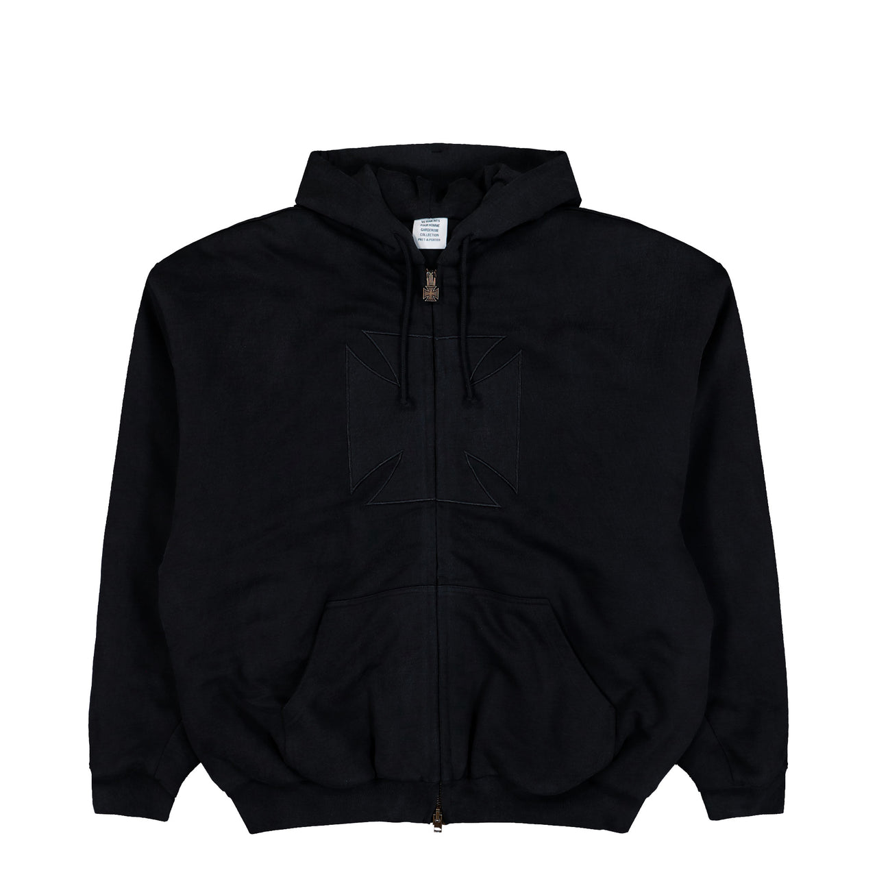 VETEMENTS Embroidered Cross Padded Zip-Up Hoodie Black Hoodies ME76BJ005B Detail View 1 | GATE