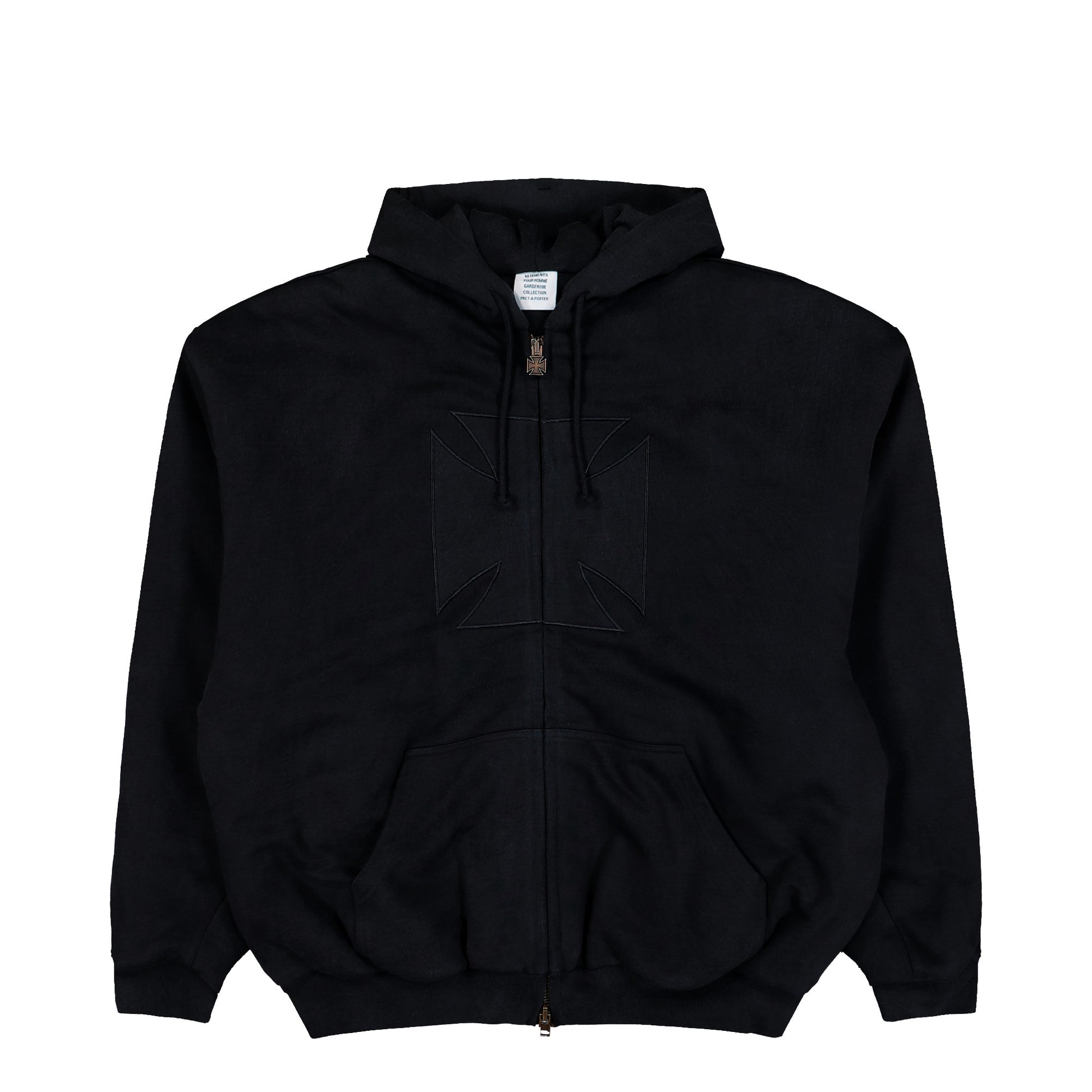 VETEMENTS Embroidered Cross Padded Zip-Up Hoodie Black Hoodies ME76BJ005B Detail View 1 | GATE