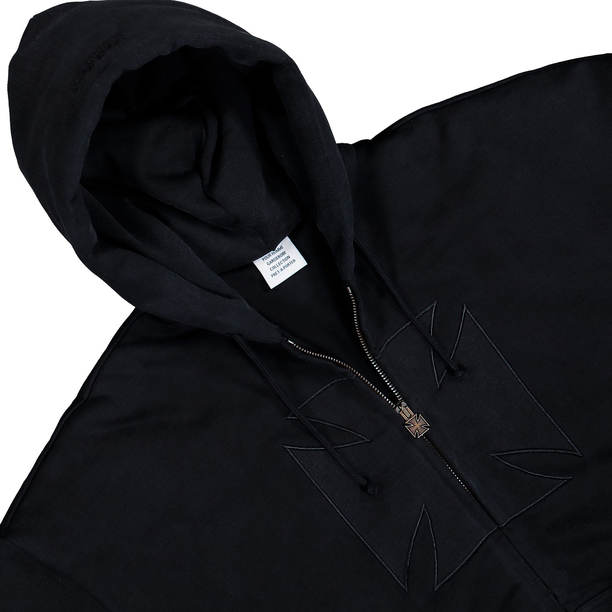 VETEMENTS Embroidered Cross Padded Zip-Up Hoodie Black Hoodies ME76BJ005B Detail View 3 | GATE