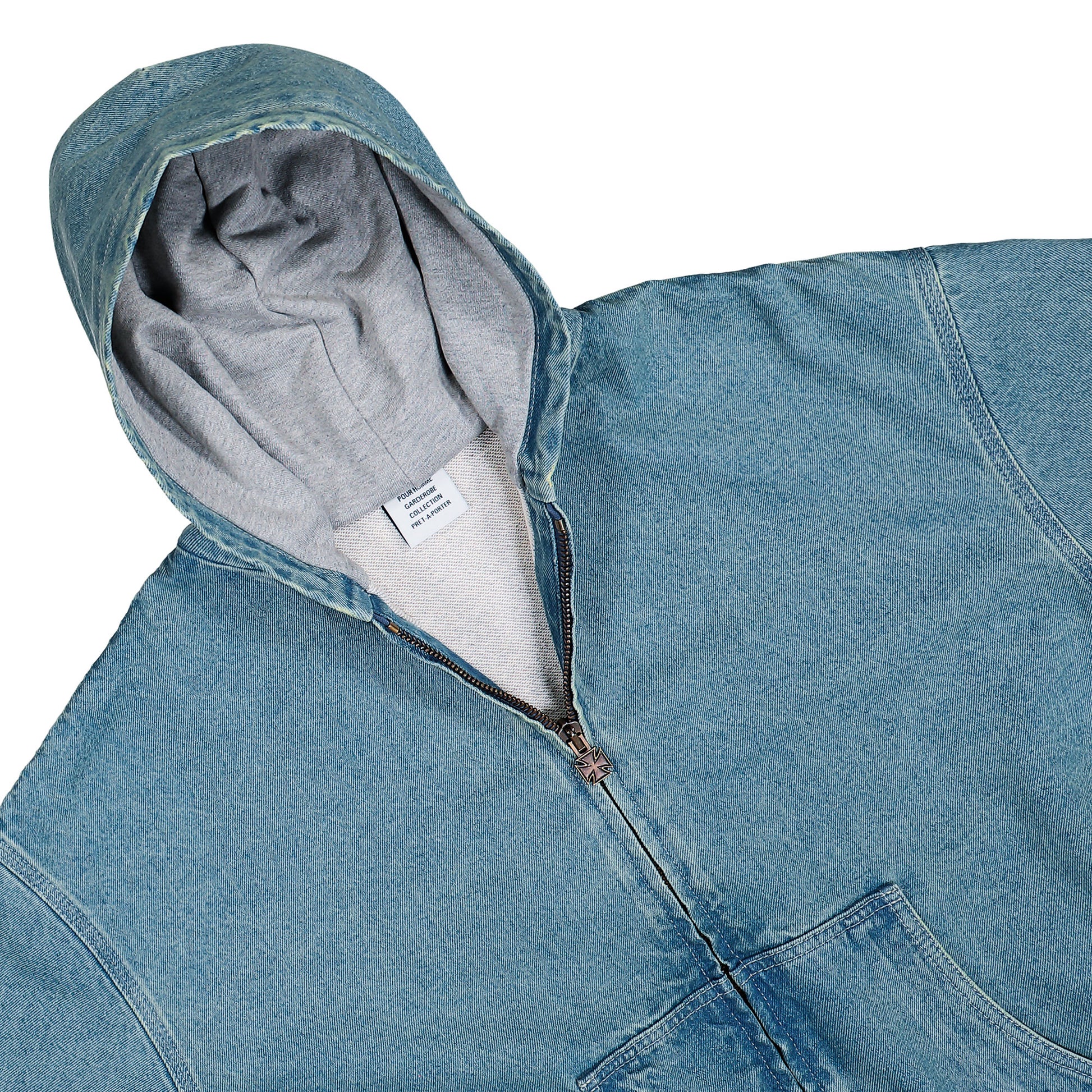 VETEMENTS Hooded Workwear Denim Jacket Blue Jackets ME76DJ061N1 Detail View 3 | GATE
