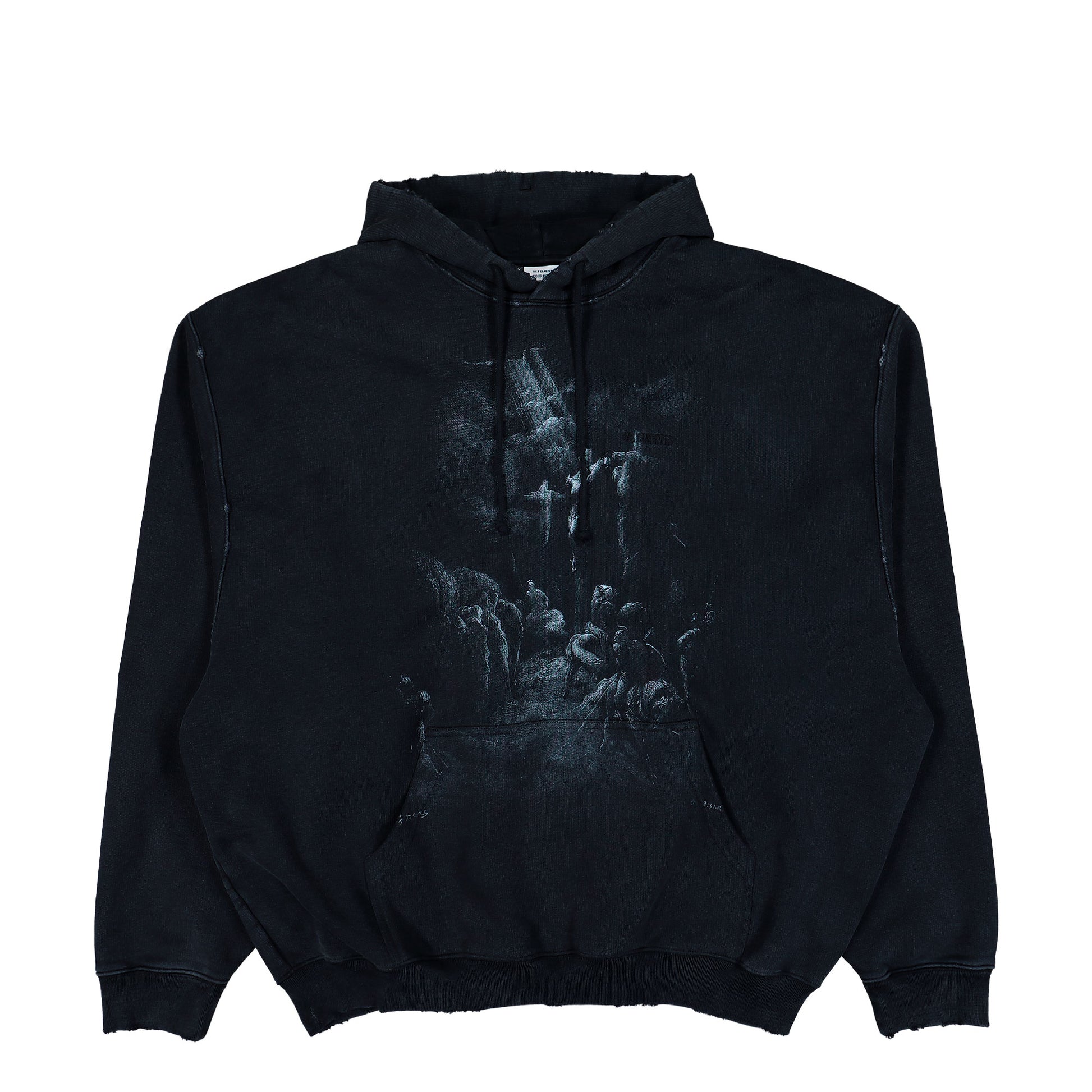 VETEMENTS Jesus On A Cross Distressed Hoodie Washed-Out Black Hoodies ME76HD192BX Detail View 1 | GATE
