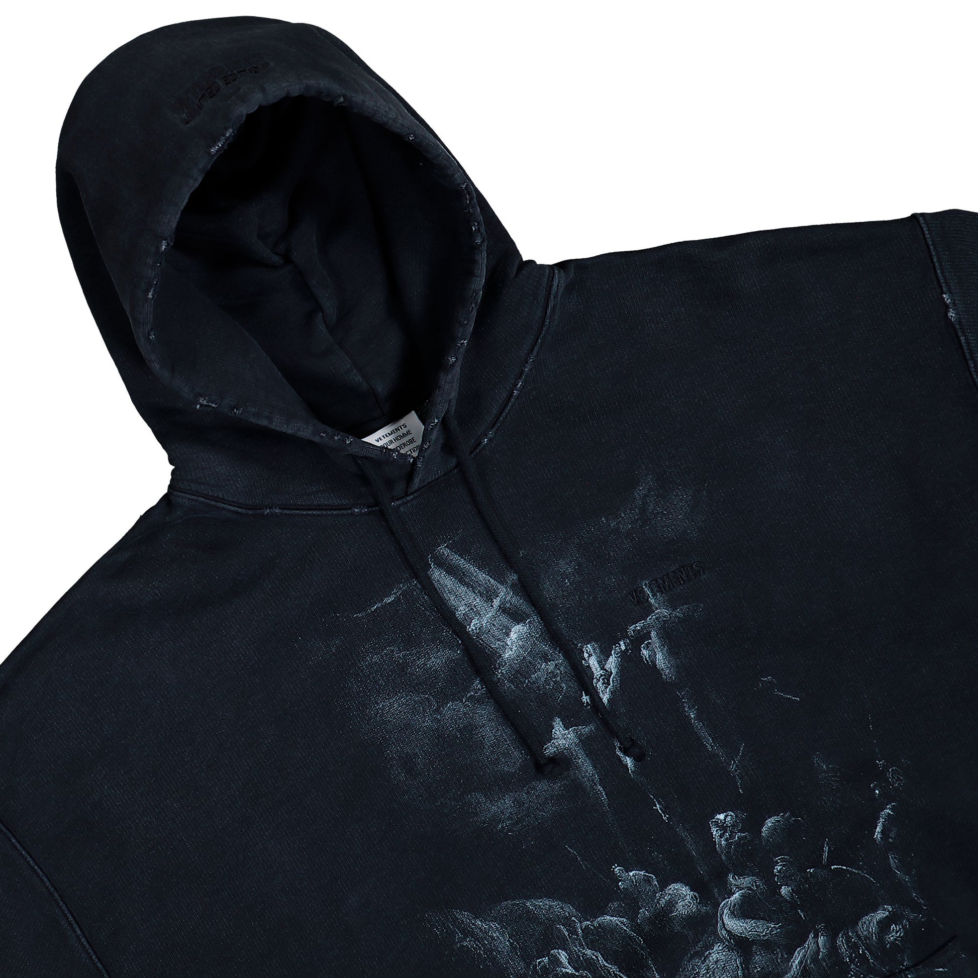 VETEMENTS Jesus On A Cross Distressed Hoodie Washed-Out Black Hoodies ME76HD192BX Detail View 3 | GATE