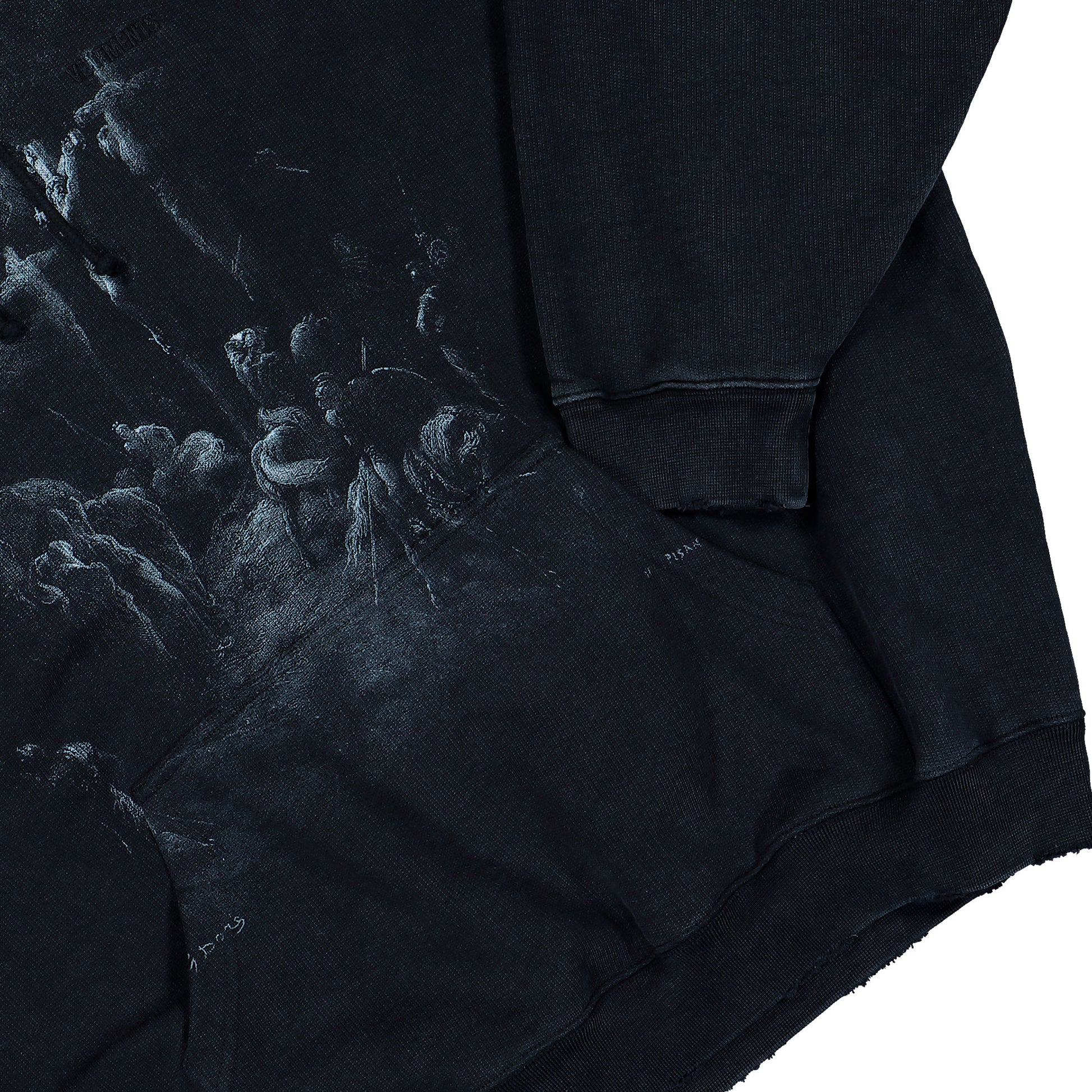 VETEMENTS Jesus On A Cross Distressed Hoodie Washed-Out Black Hoodies ME76HD192BX Detail View 4 | GATE
