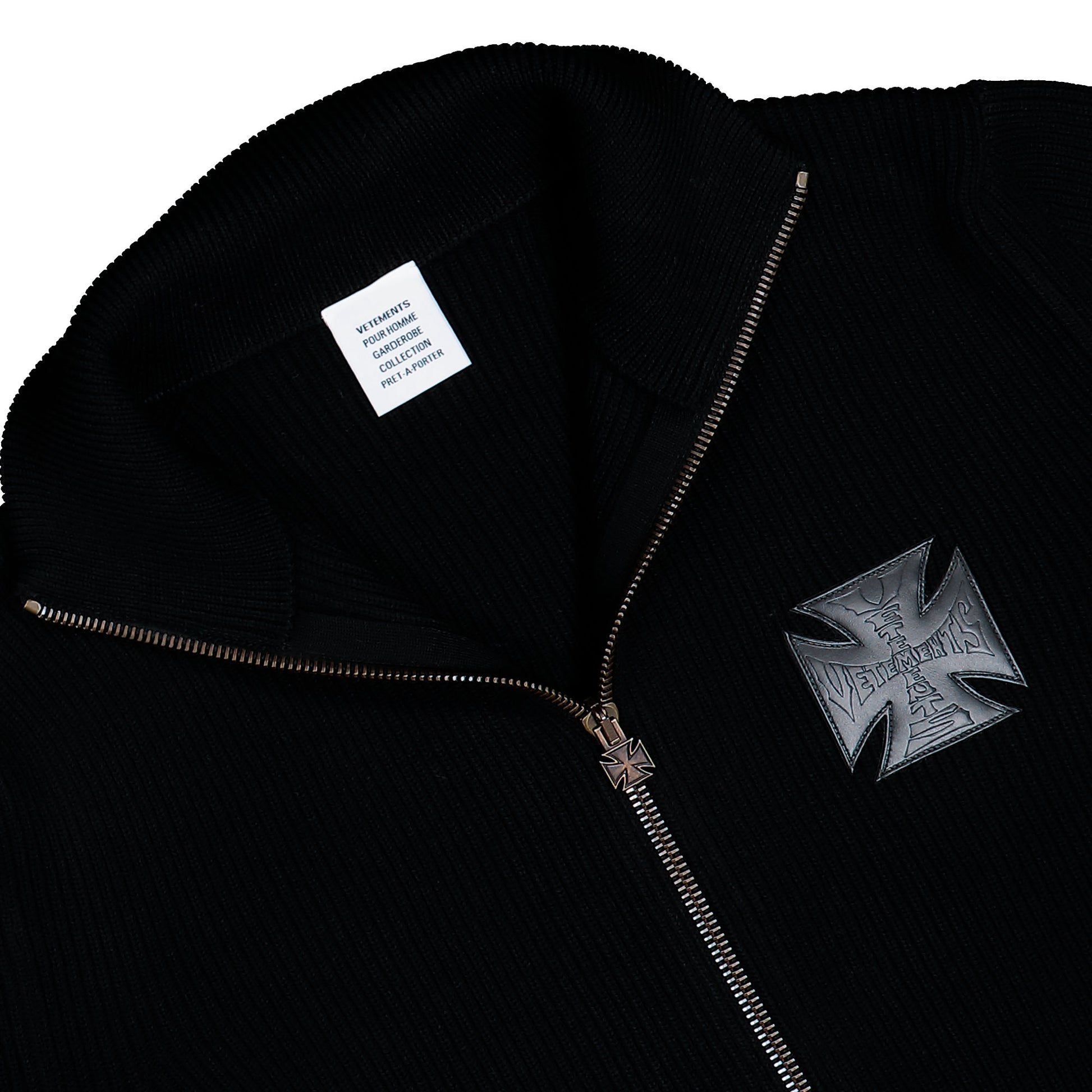 VETEMENTS Leather Cross Zip-Up Sweater Black Sweatshirts ME76KN104B Detail View 3 | GATE