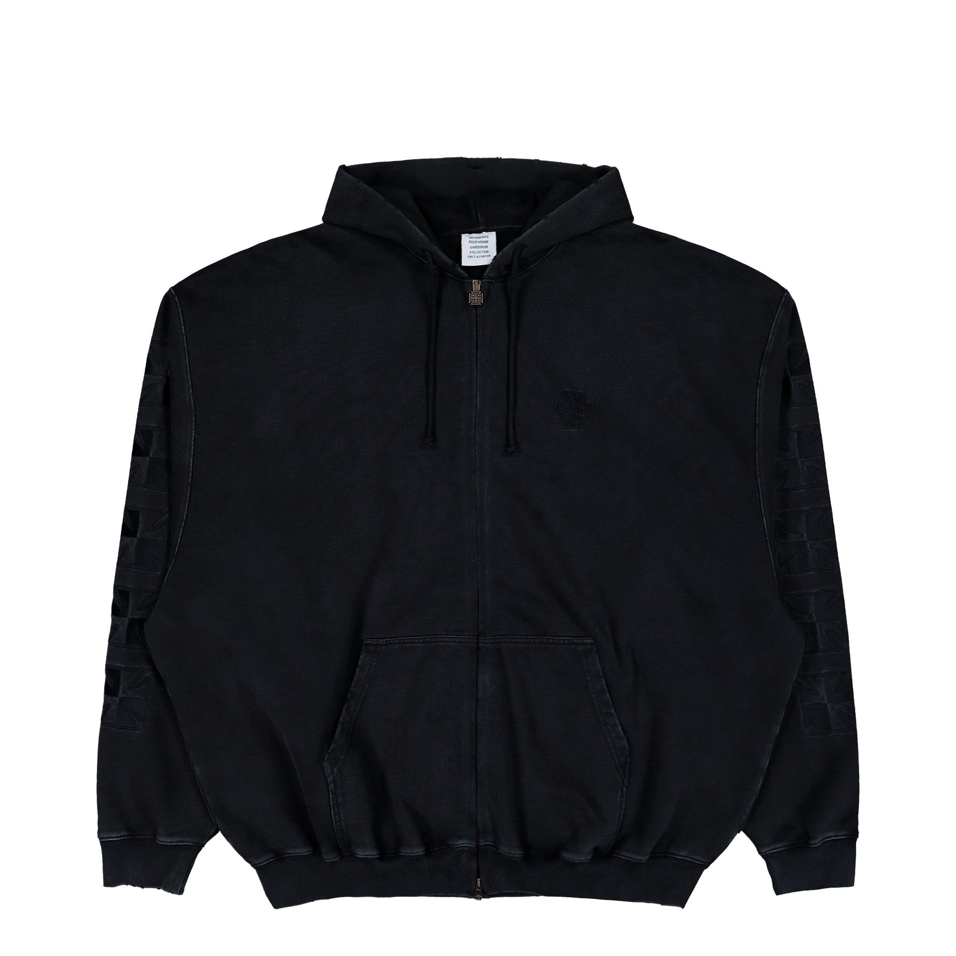 VETEMENTS Embroidered Biker Cross Sleeves Zip-Up Hoodie Black Hoodies ME76ZU169B Detail View 1 | GATE