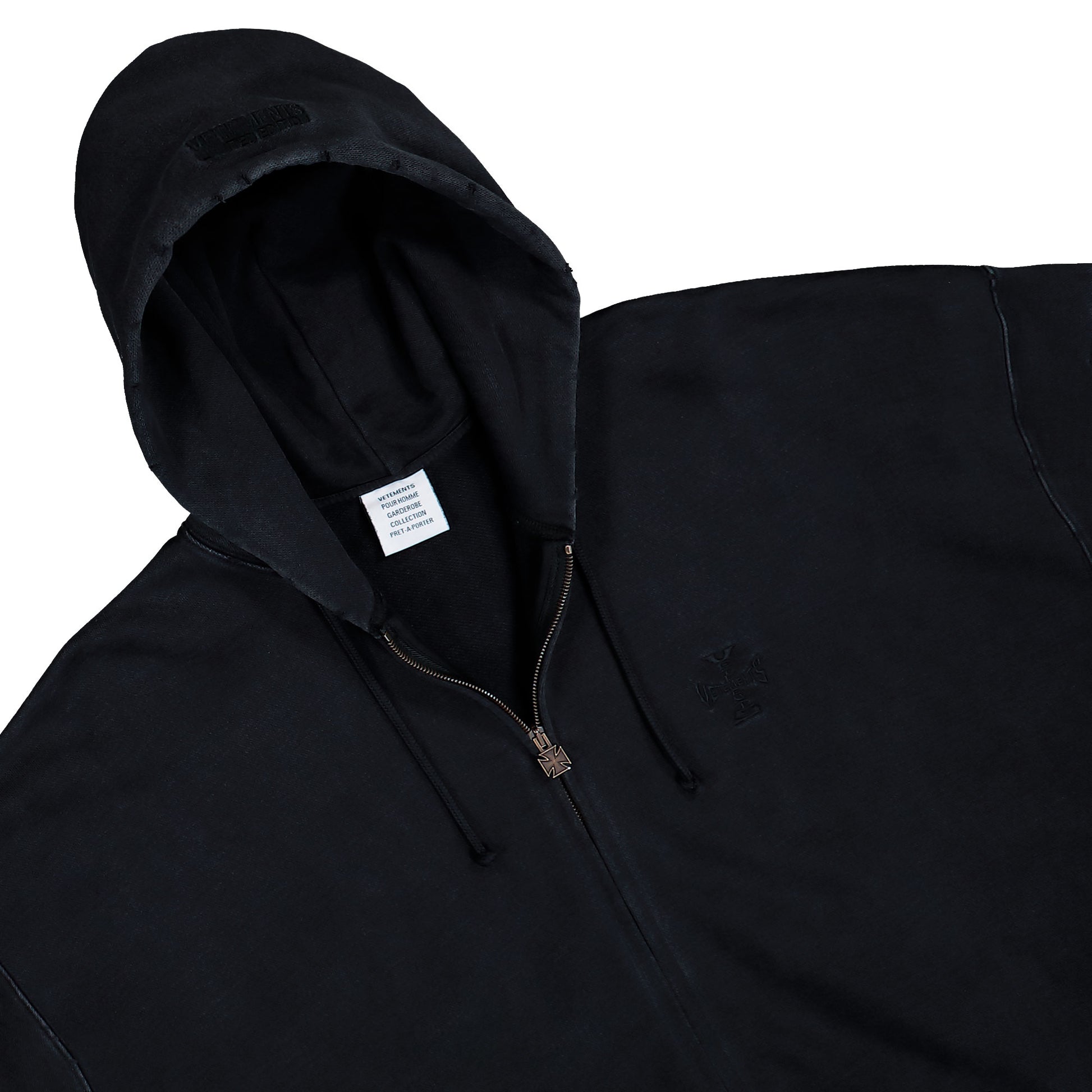 VETEMENTS Embroidered Biker Cross Sleeves Zip-Up Hoodie Black Hoodies ME76ZU169B Detail View 3 | GATE