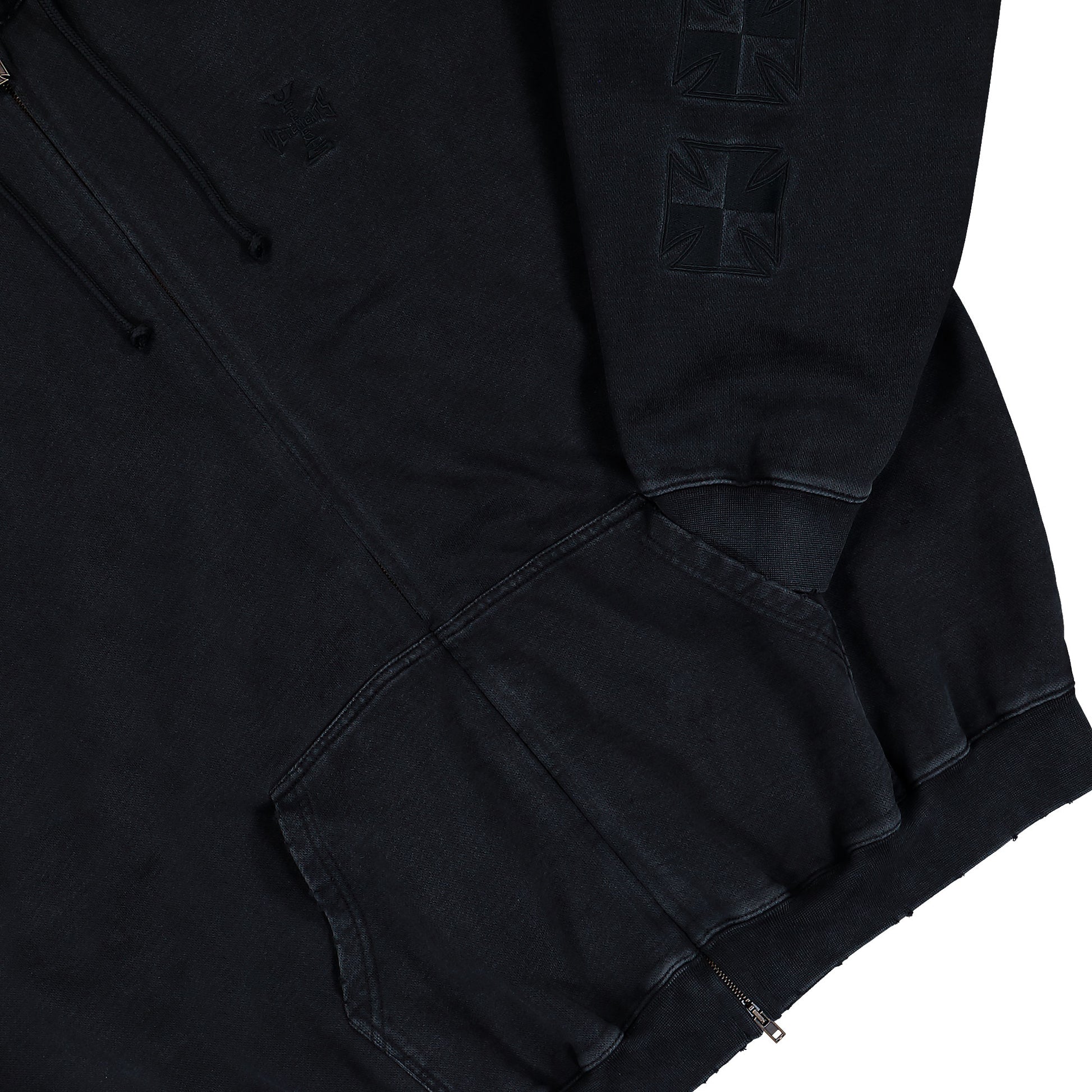 VETEMENTS Embroidered Biker Cross Sleeves Zip-Up Hoodie Black Hoodies ME76ZU169B Detail View 4 | GATE
