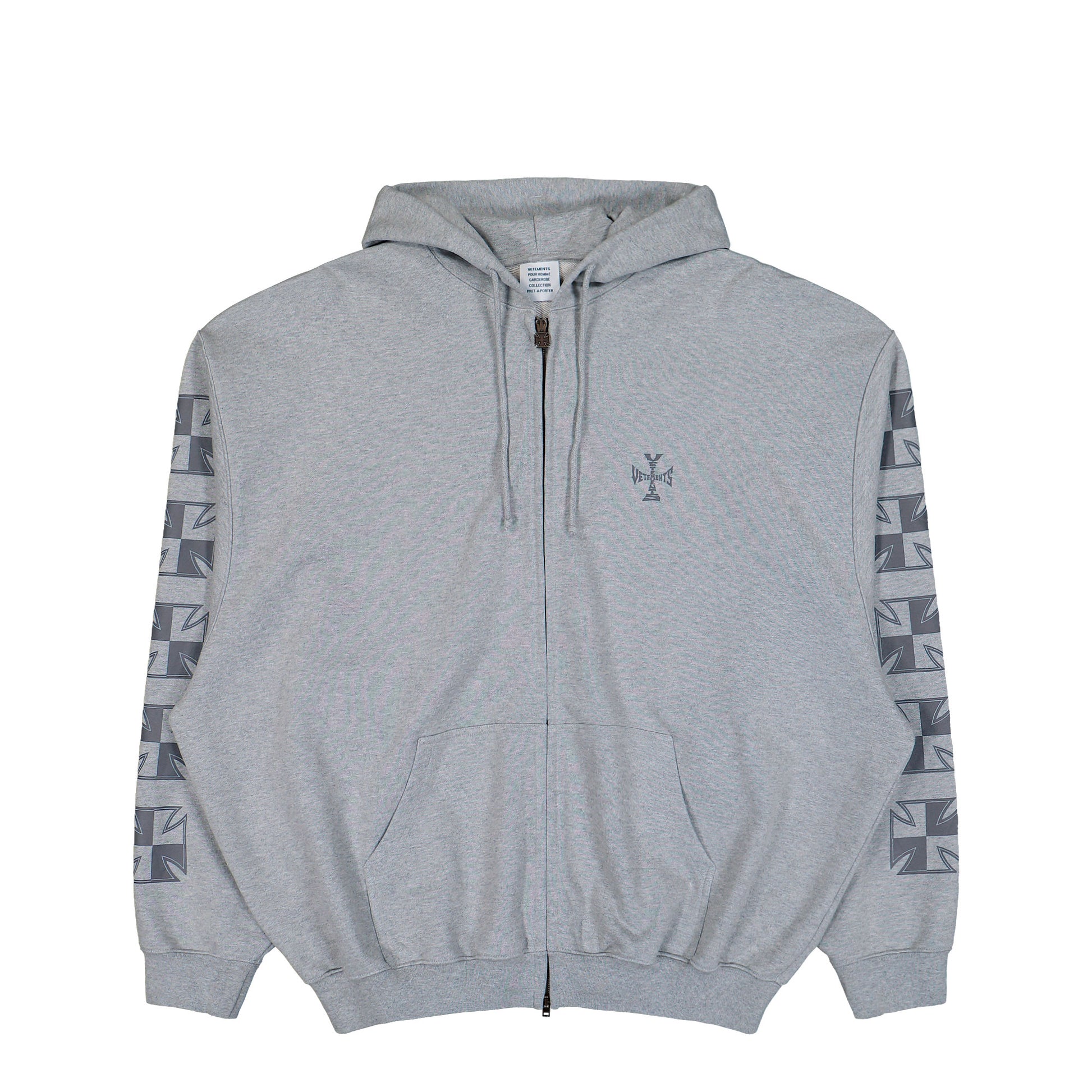 VETEMENTS Biker Cross Sleeves Zip-Up Hoodie Grey Melange Hoodies ME76ZU180G Detail View 1 | GATE